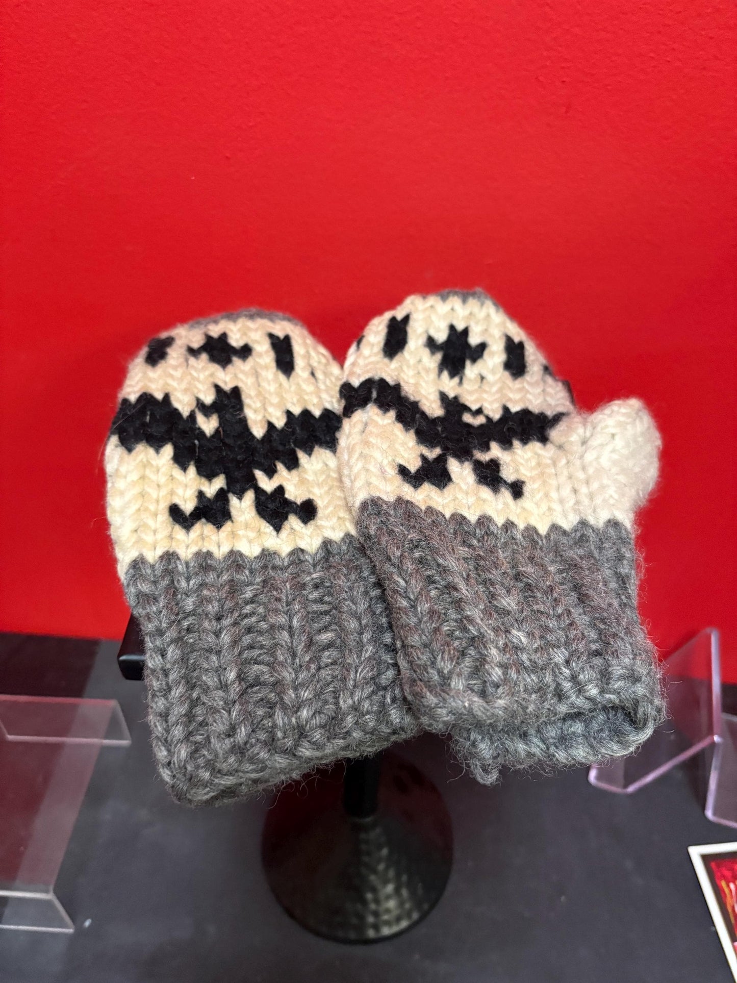 Canadian indigenous Cowichan wool handmade mittens — 10 inches long — good for big hand — need a little cleaning— good value