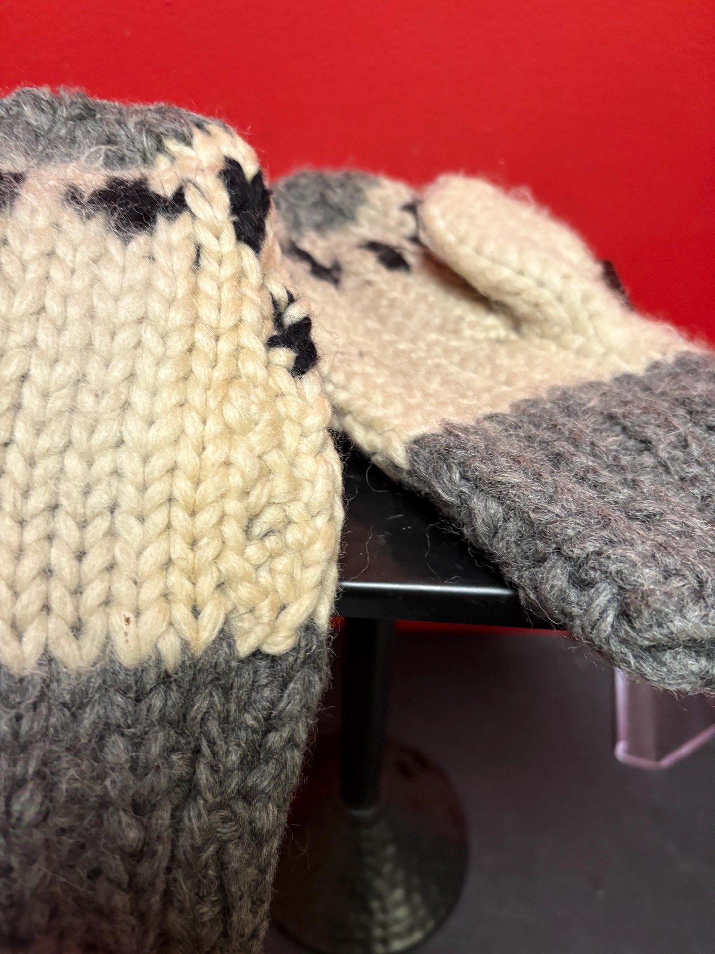 Canadian indigenous Cowichan wool handmade mittens — 10 inches long — good for big hand — need a little cleaning— good value