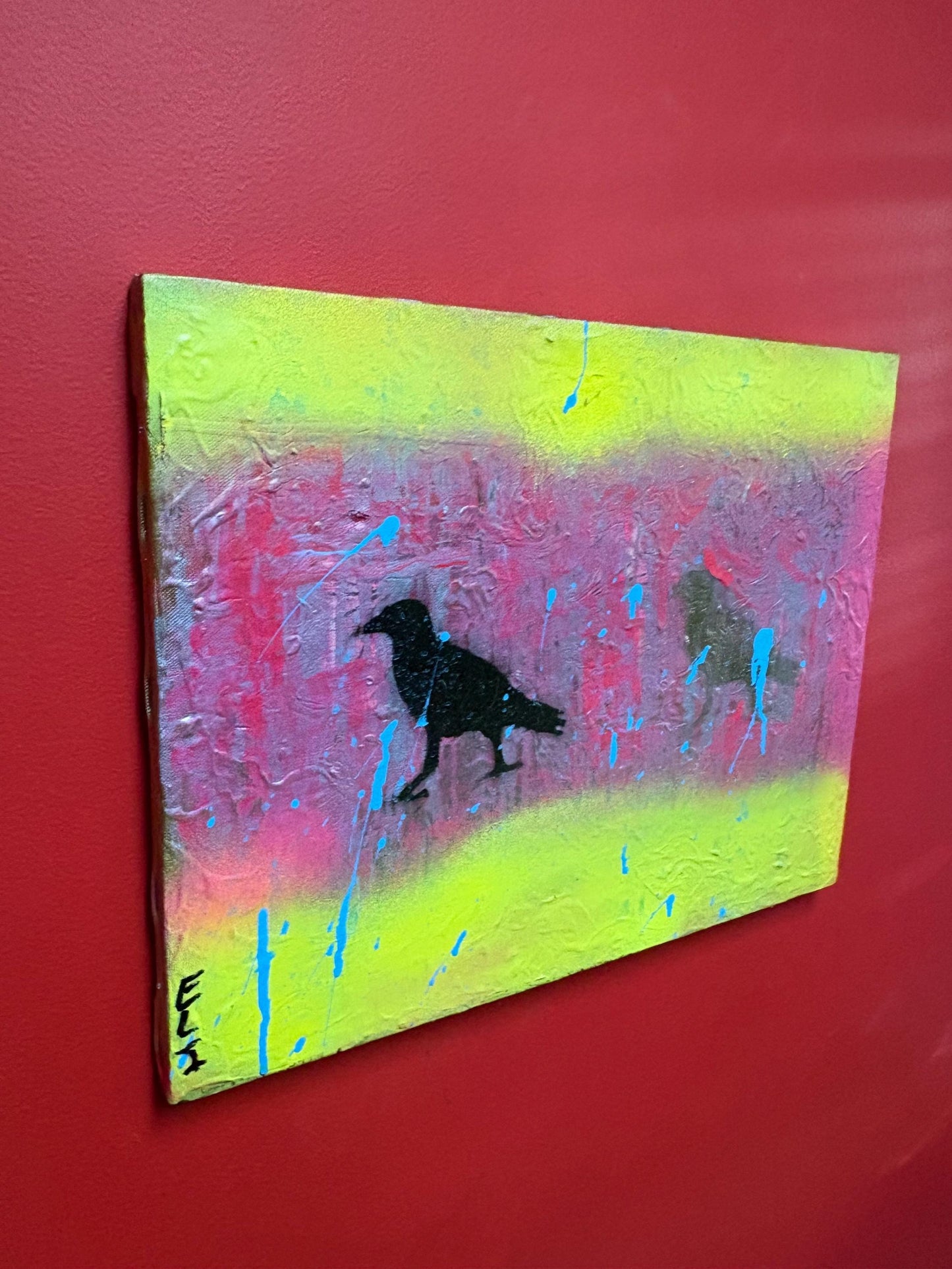 Beautiful original mixed media acrylic painting by visually impaired Canadian artist Eli St. John  18 x 14 inches - crows -