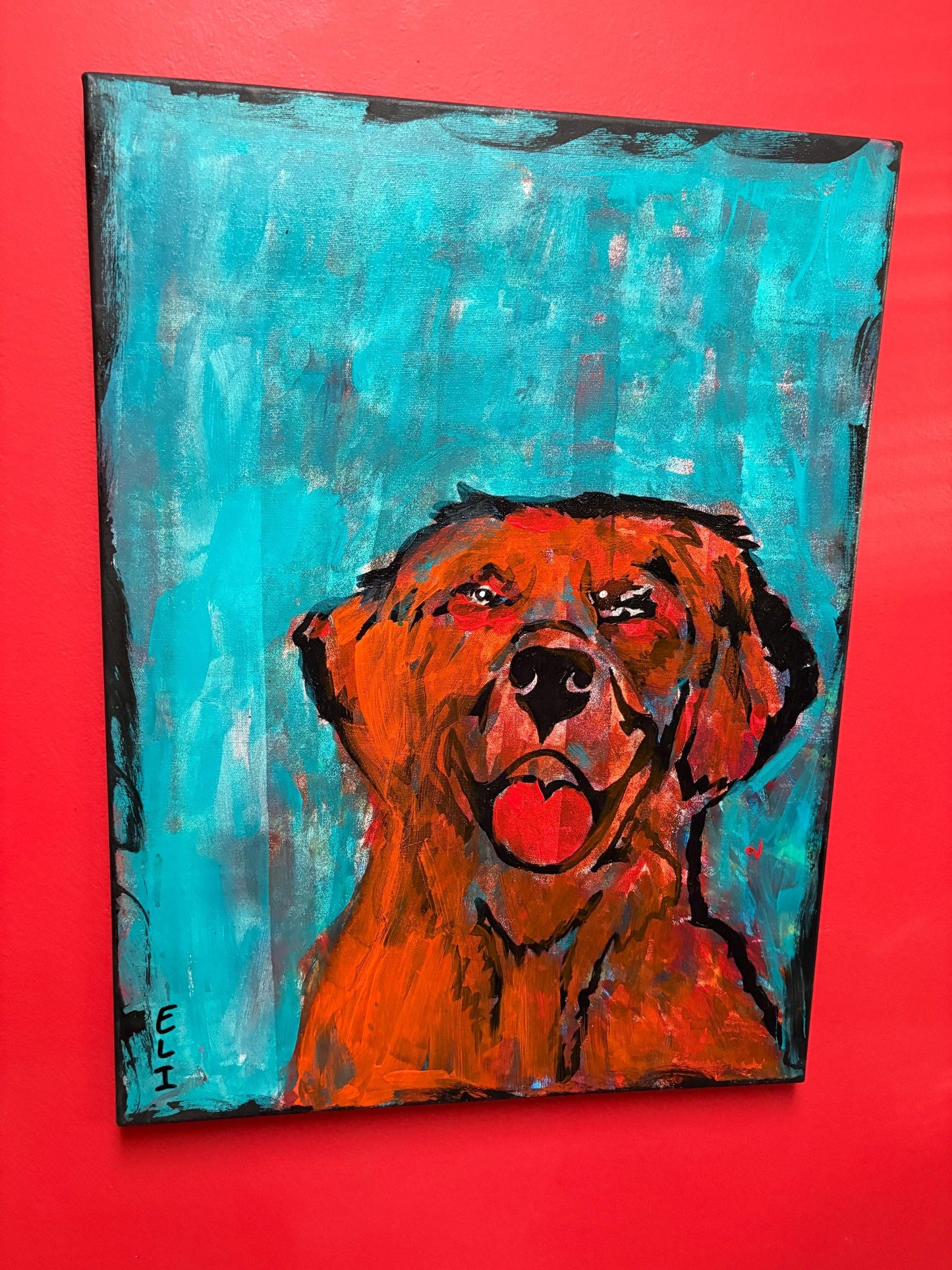Beautiful original mixed media acrylic painting by visually impaired Canadian artist Eli St. John  doggy - 24 x 18 inches - wow