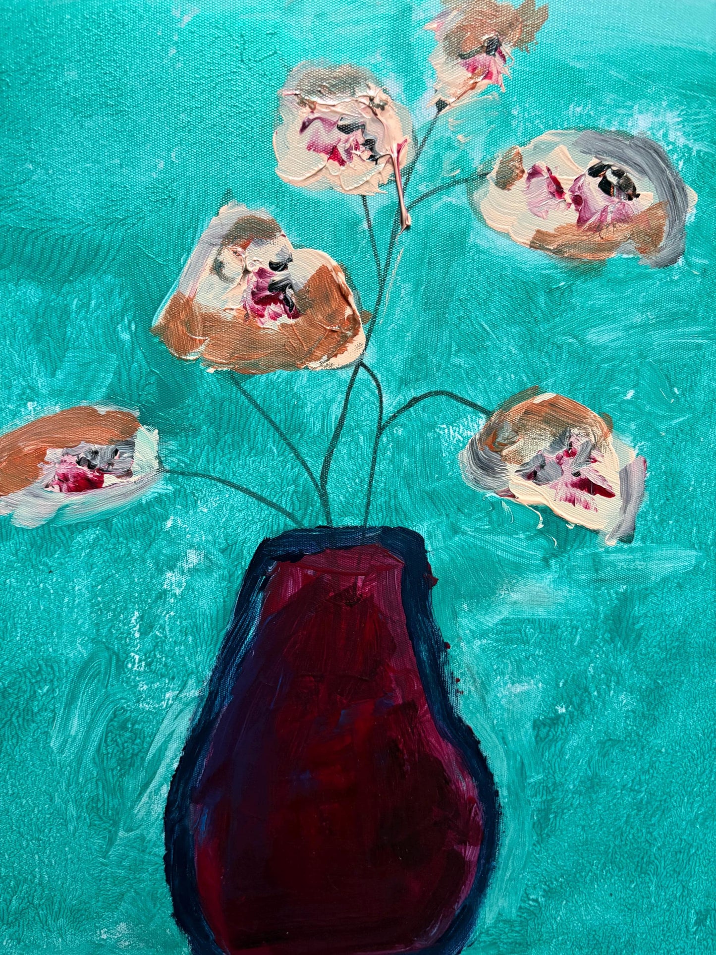 Beautiful original mixed media acrylic painting by visually impaired Canadian artist Eli St. John  17 x 17 inches - wow   flowers