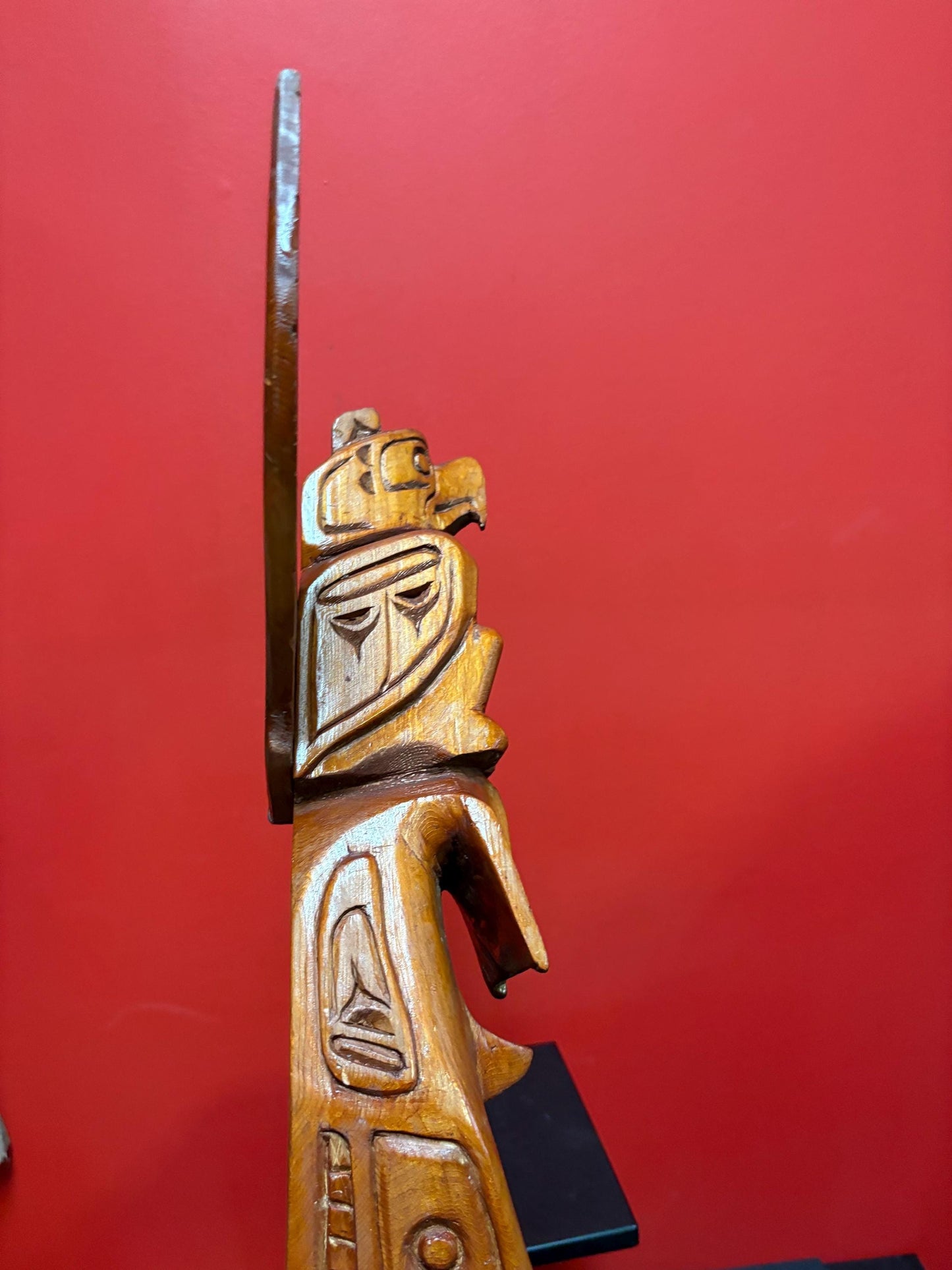 Stunning signed 23 x 13 wide indigenous first nations Pacific Northwest coast transformation totem pole with wings  incredible detail