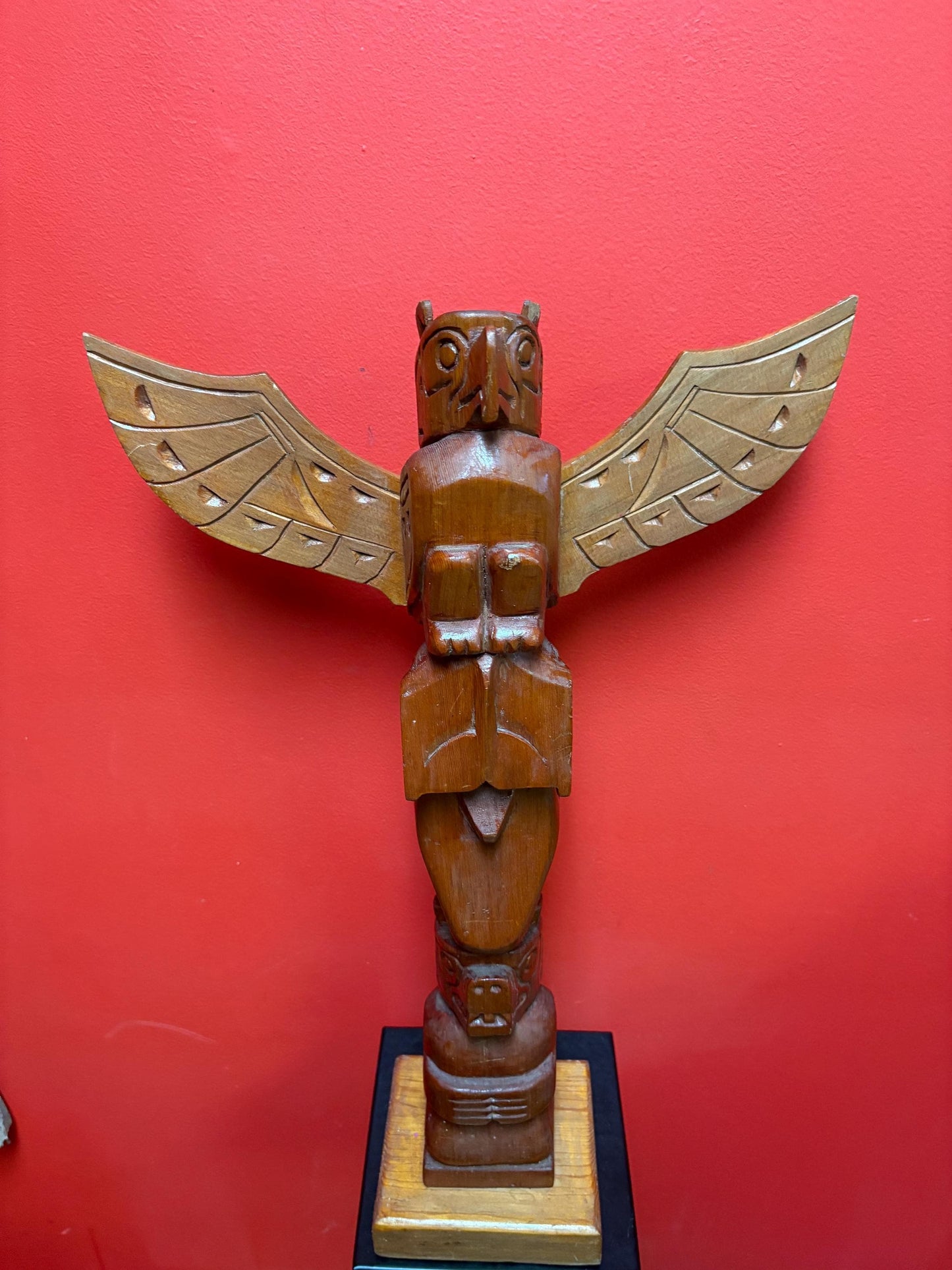 Stunning signed 23 x 13 wide indigenous first nations Pacific Northwest coast transformation totem pole with wings  incredible detail