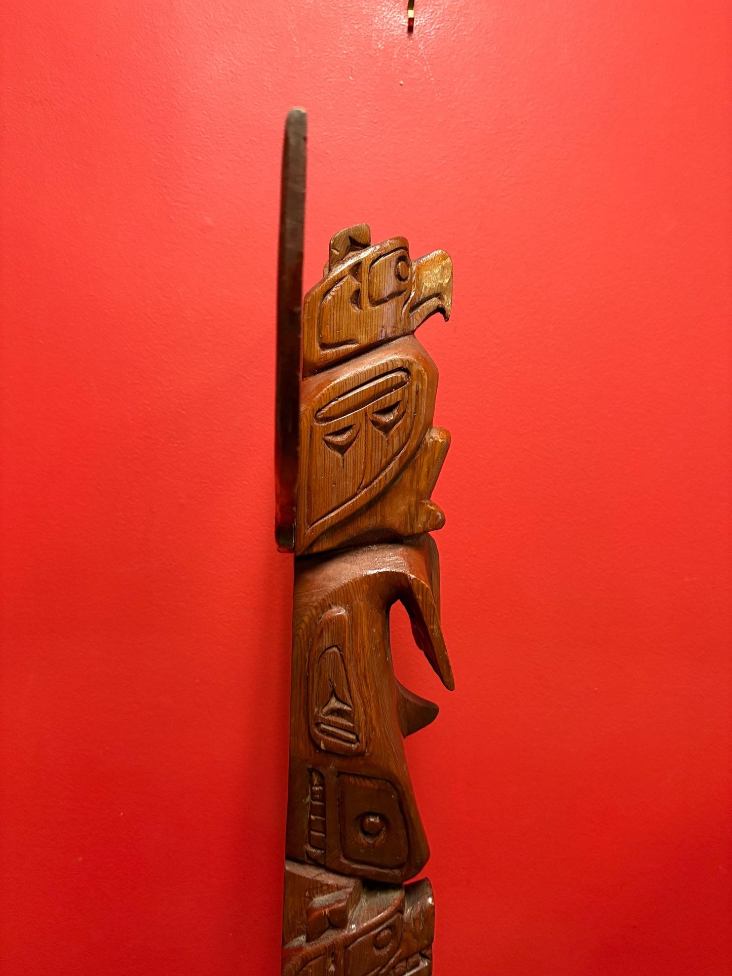 Stunning signed 23 x 13 wide indigenous first nations Pacific Northwest coast transformation totem pole with wings  incredible detail