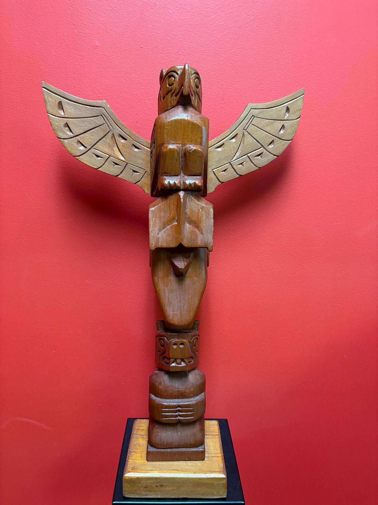 Stunning signed 23 x 13 wide indigenous first nations Pacific Northwest coast transformation totem pole with wings  incredible detail