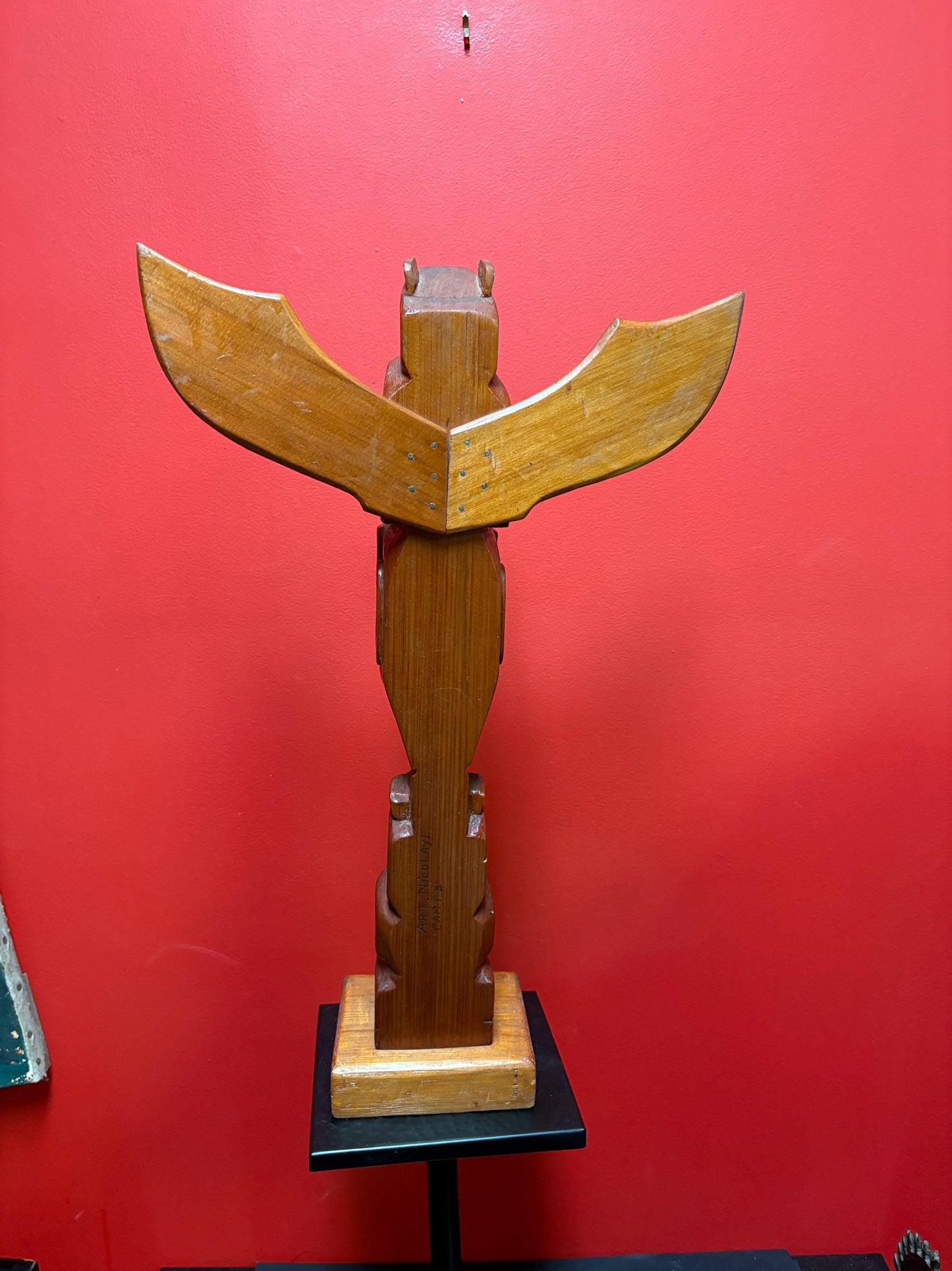 Stunning signed 23 x 13 wide indigenous first nations Pacific Northwest coast transformation totem pole with wings  incredible detail