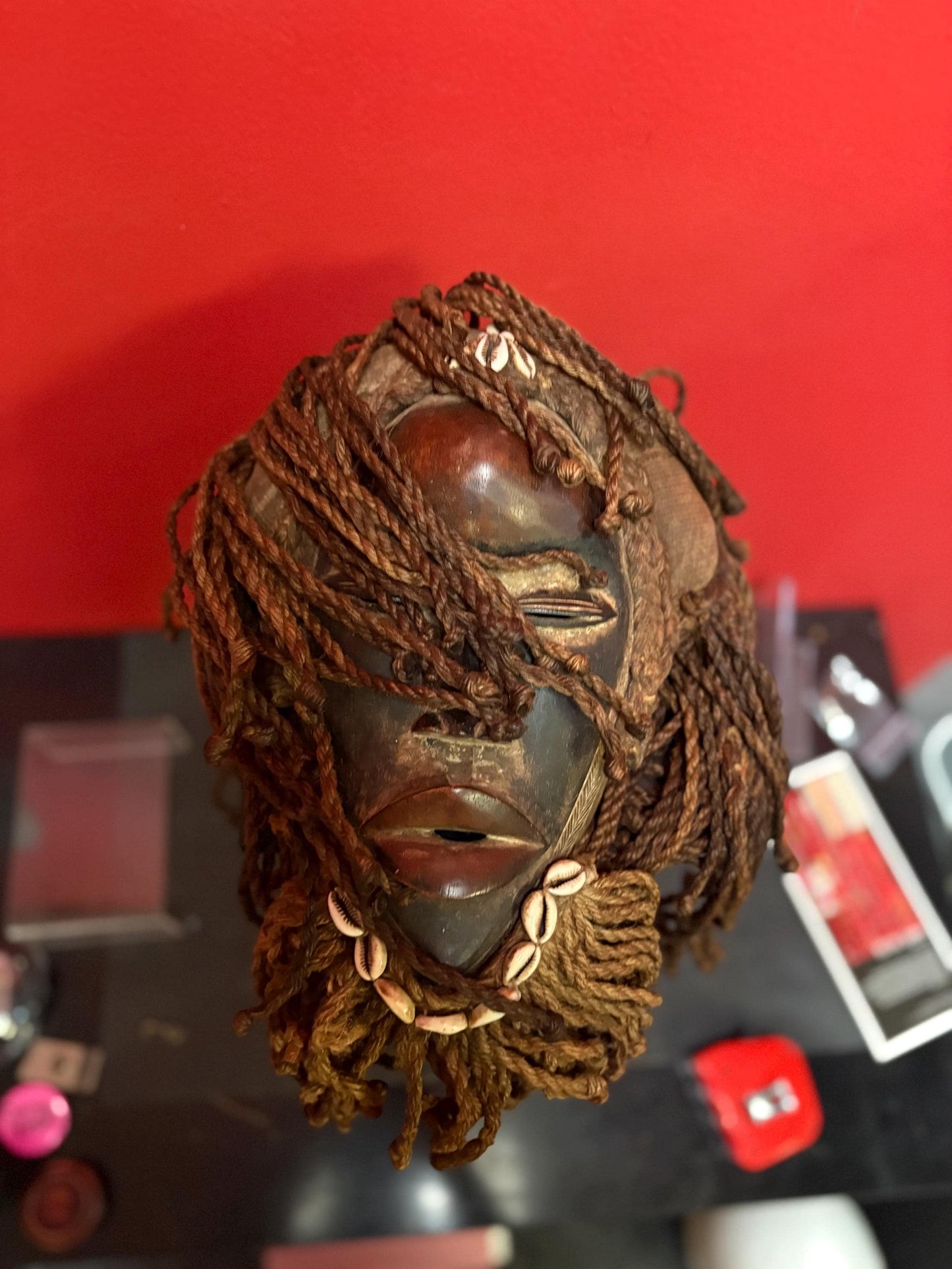 Authentic African tribal antique Dan mask - 15 x 10“ wide with hair - beautiful shells  a real stunner  great value