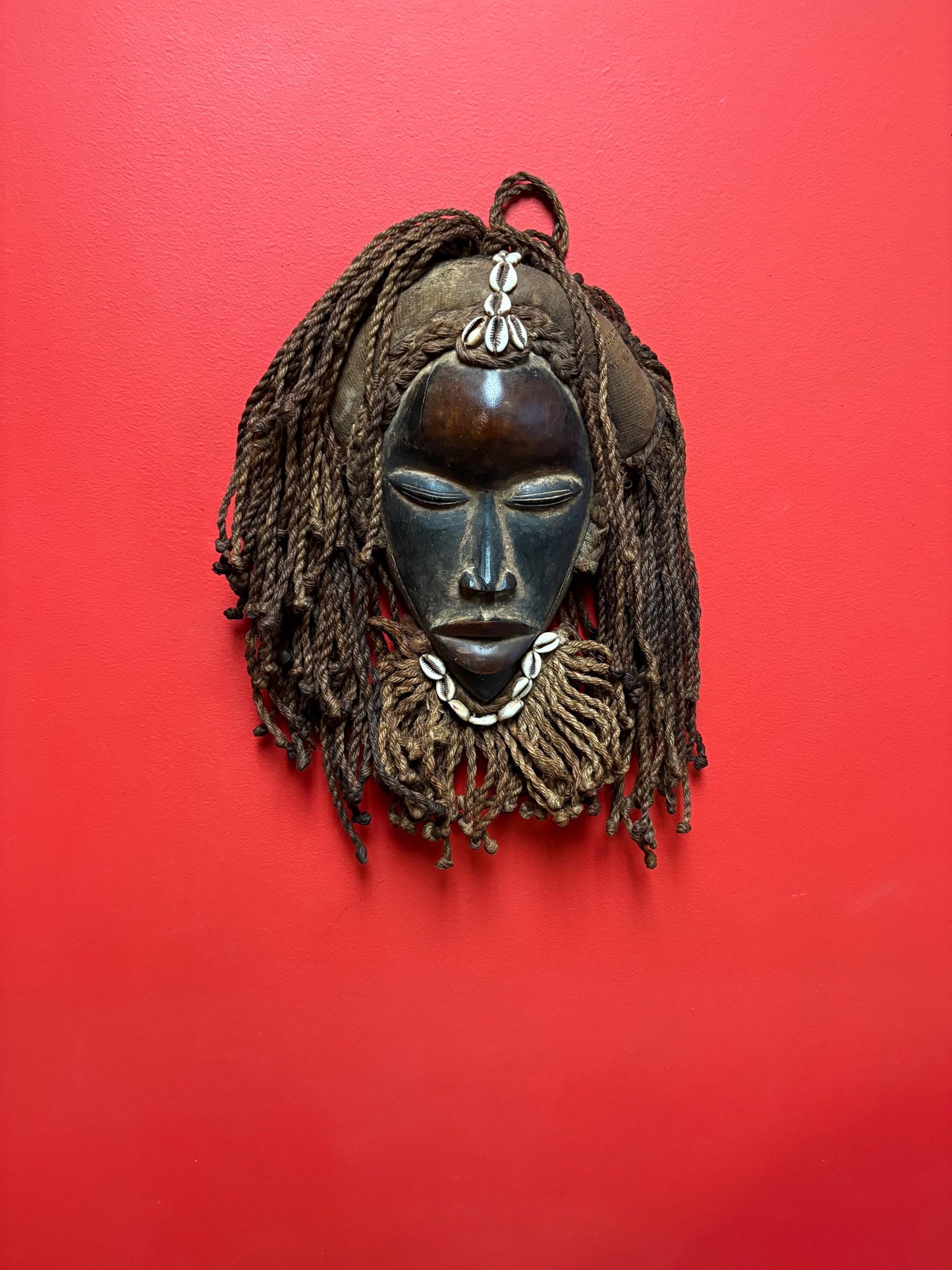 Authentic African tribal antique Dan mask - 15 x 10“ wide with hair - beautiful shells  a real stunner  great value