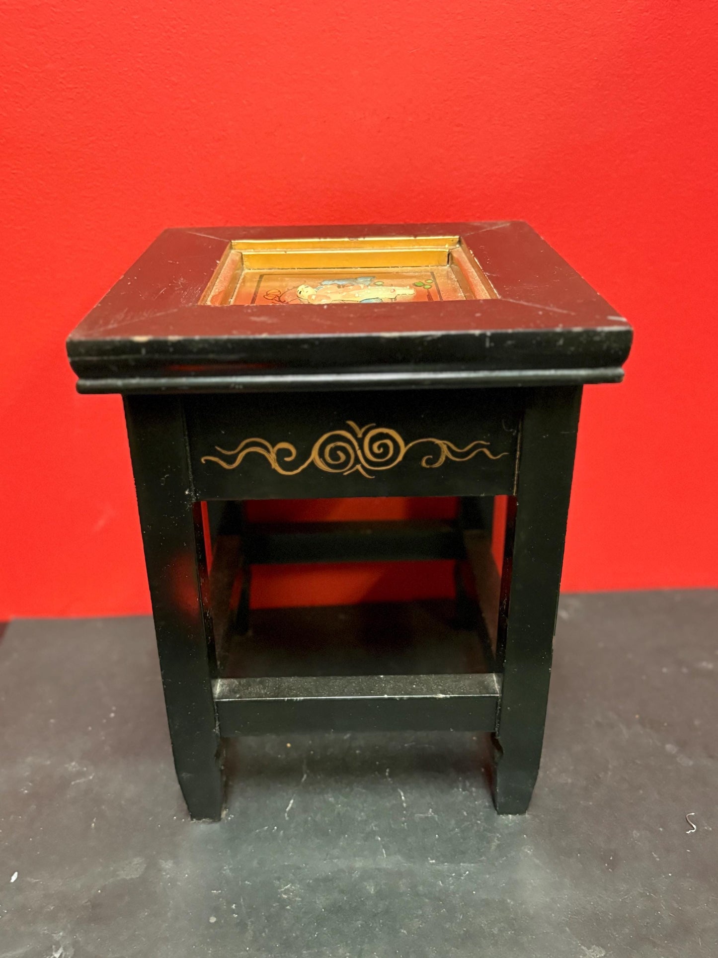 Stunning antique Japanese wood lacquer gilt and stone mini stool - 11 1/2 x 9 inches wide  great detail and condition  wow