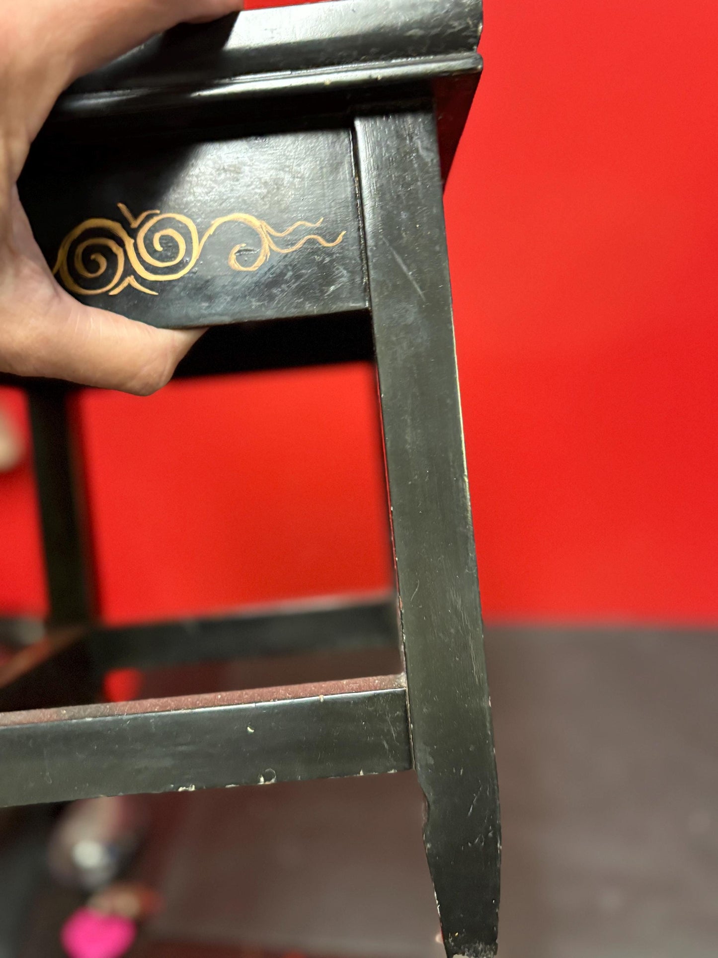 Stunning antique Japanese wood lacquer gilt and stone mini stool - 11 1/2 x 9 inches wide  great detail and condition  wow