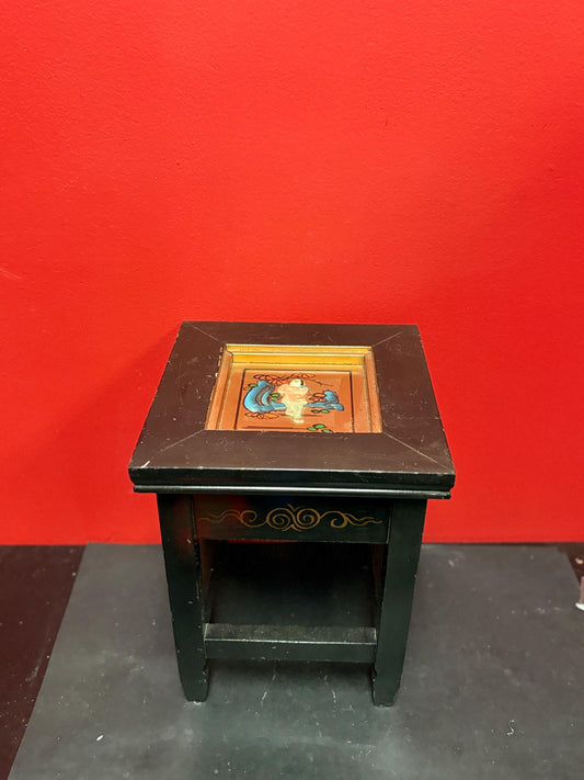 Stunning antique Japanese wood lacquer gilt and stone mini stool - 11 1/2 x 9 inches wide  great detail and condition  wow