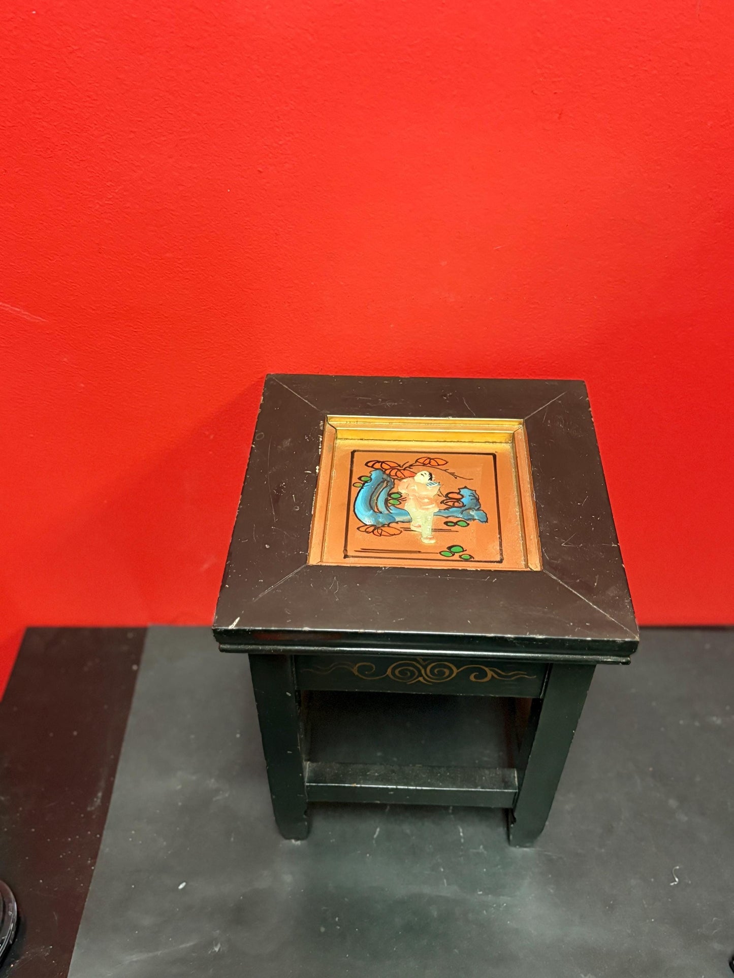 Stunning antique Japanese wood lacquer gilt and stone mini stool - 11 1/2 x 9 inches wide  great detail and condition  wow