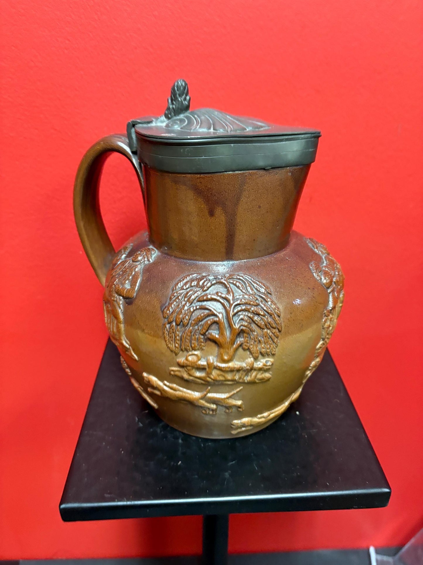 Beautiful English antique Royal Doulton style jug with pewter top great condition 8 inches tall- pewter top little loose hunting scene