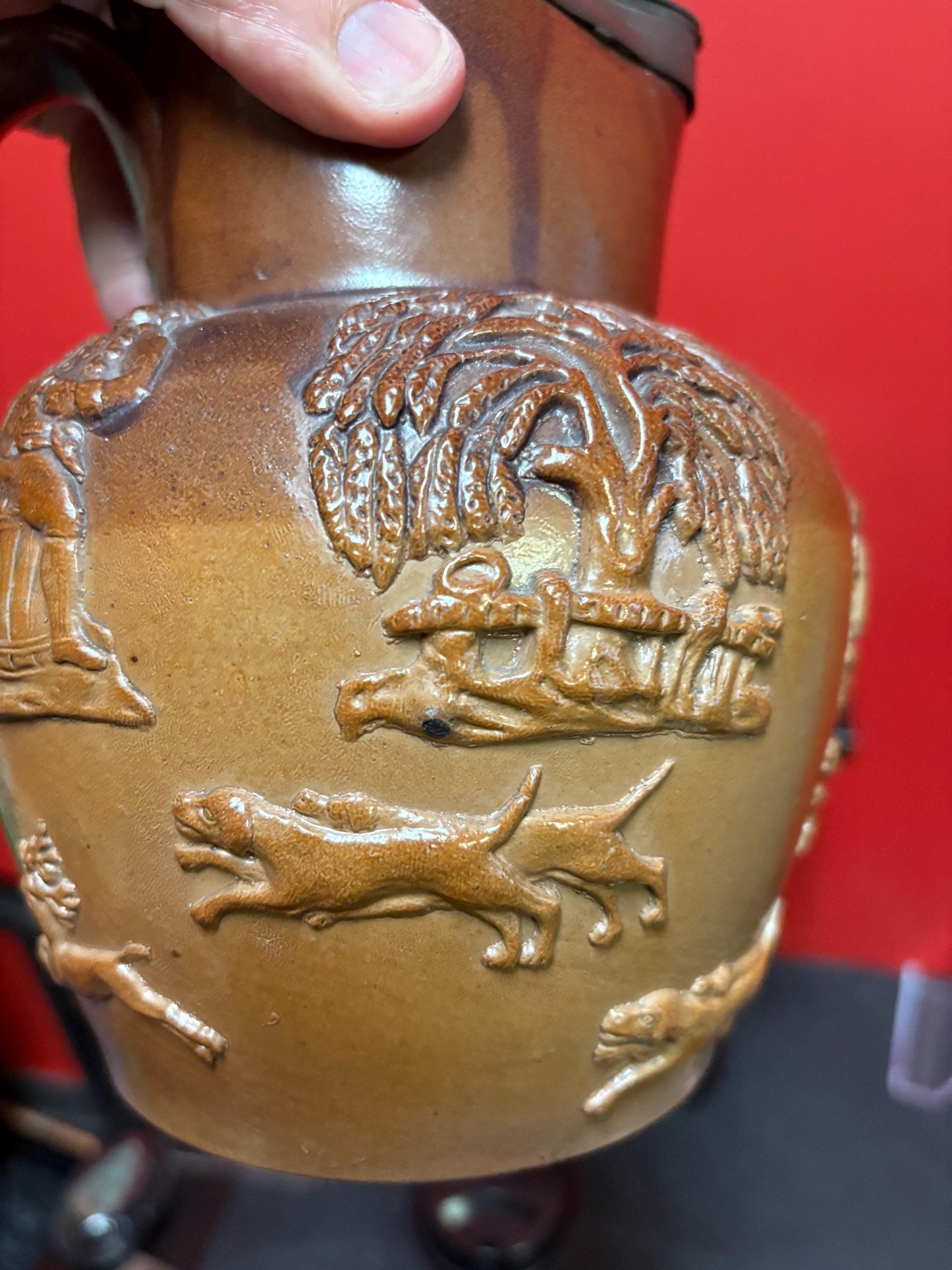 Beautiful English antique Royal Doulton style jug with pewter top great condition 8 inches tall- pewter top little loose hunting scene