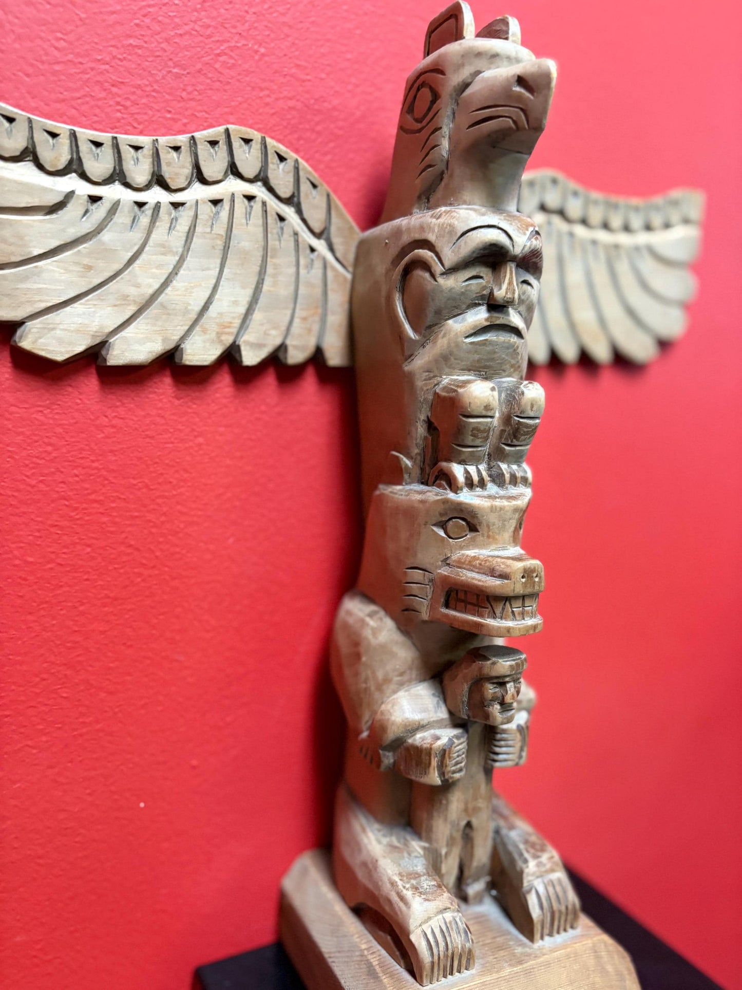 14.5 x 13 inch signed indigenous First Nations Pacific Northwest coast totem pole great detail