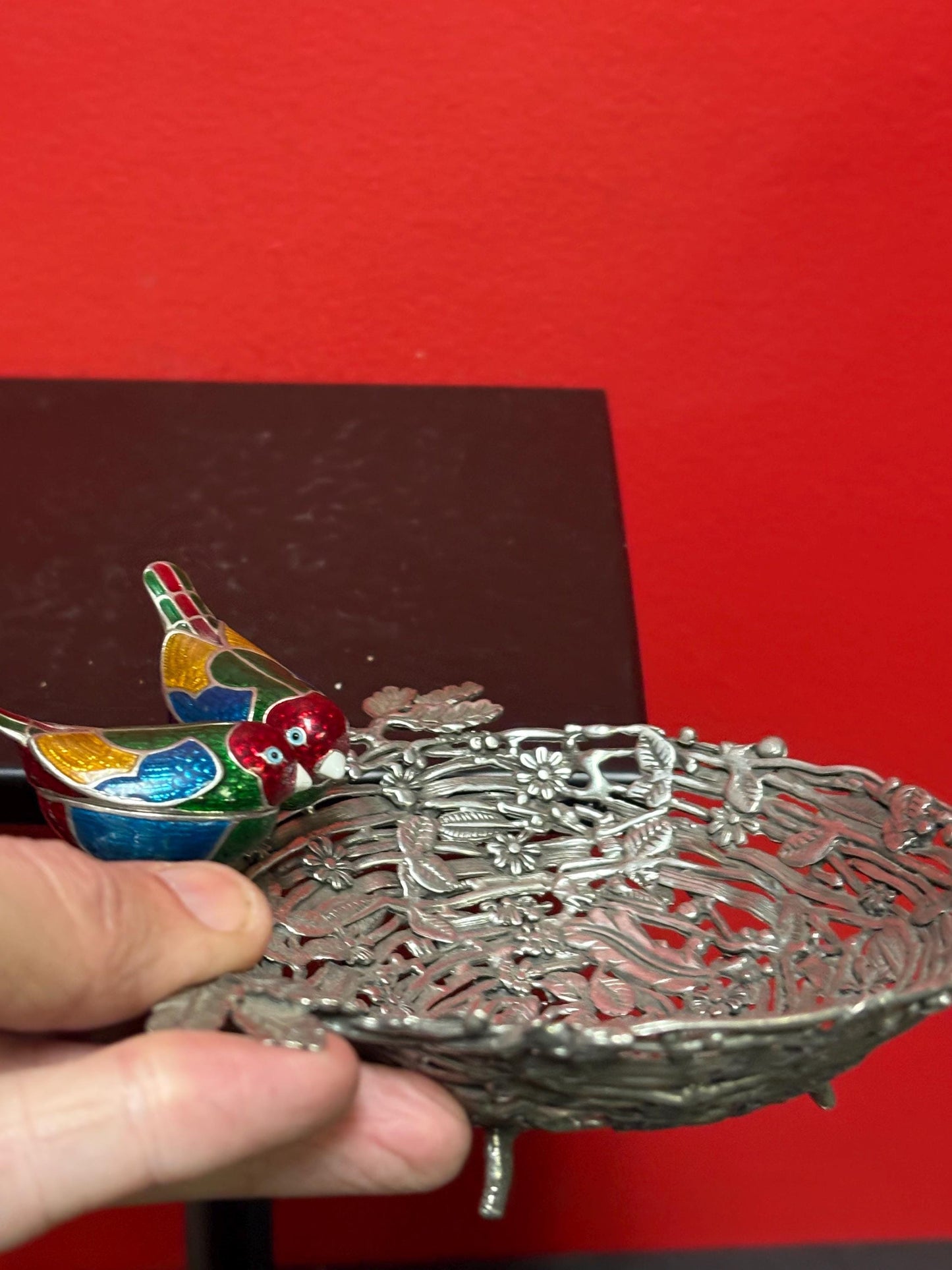 Stunning 6 x 2 high and tested silver and enamel signed Birds nest bowl with amazing detail