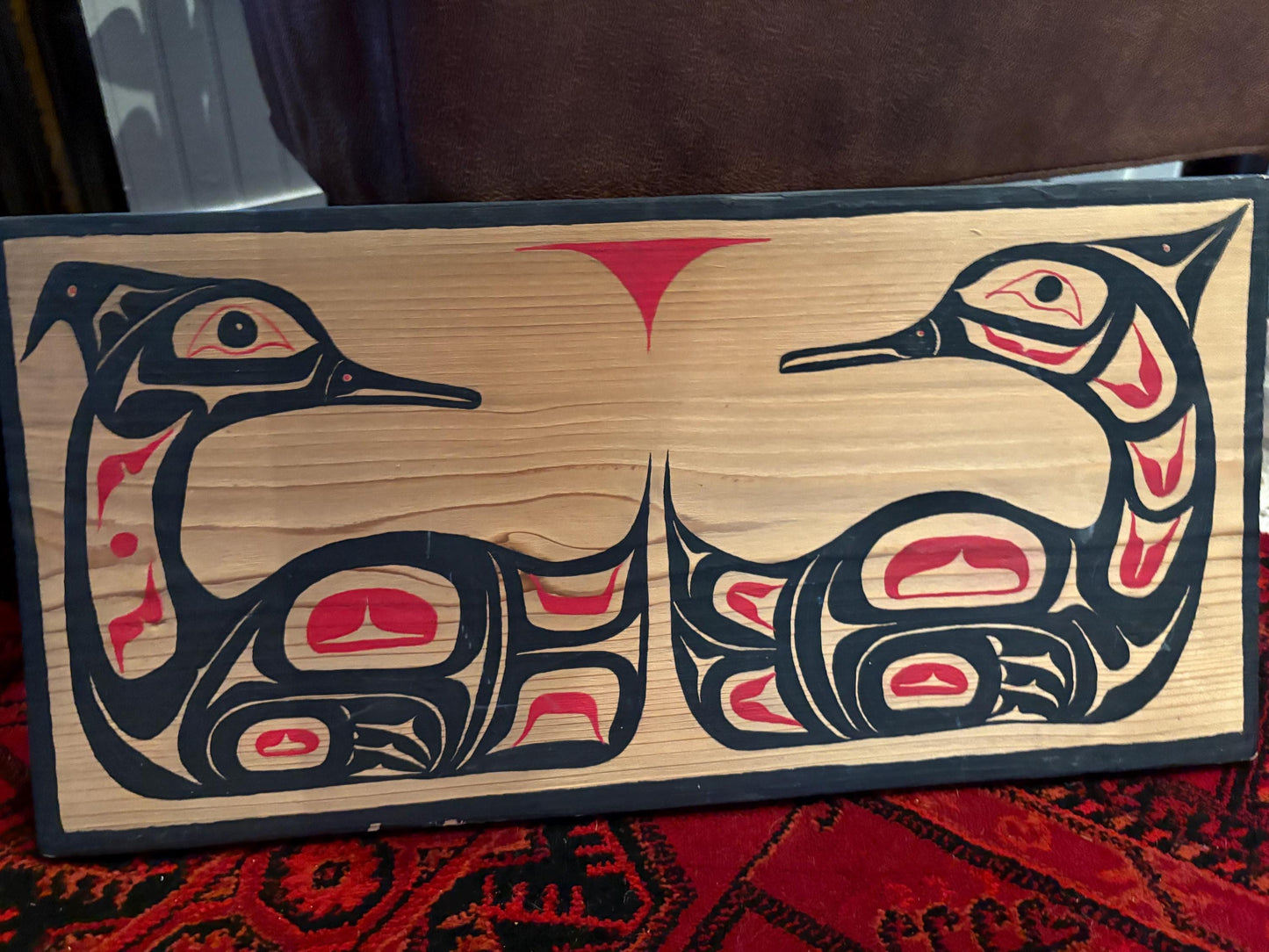 19 x 10 indigenous first nation Pacific Northwest coast signed male and female mirrored loon plaque ready to hang - great value