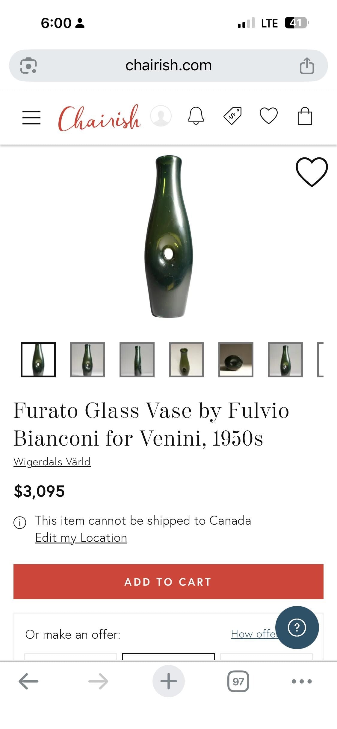 Furato Glass Vase by Fulvio Bianconi for Venini 1950s 7 inch tall vase imperfect condition - wow