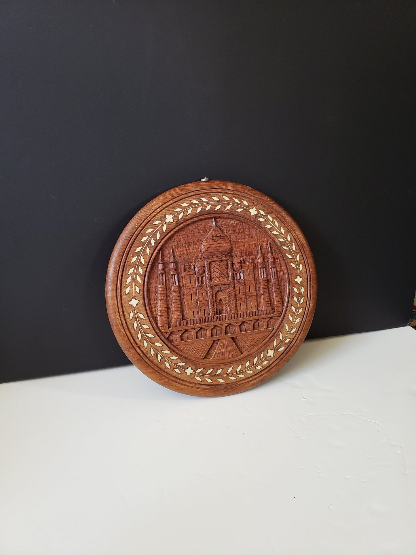 Indian Hand Carved Wood Taj Mahal Plaque with Bone Inset