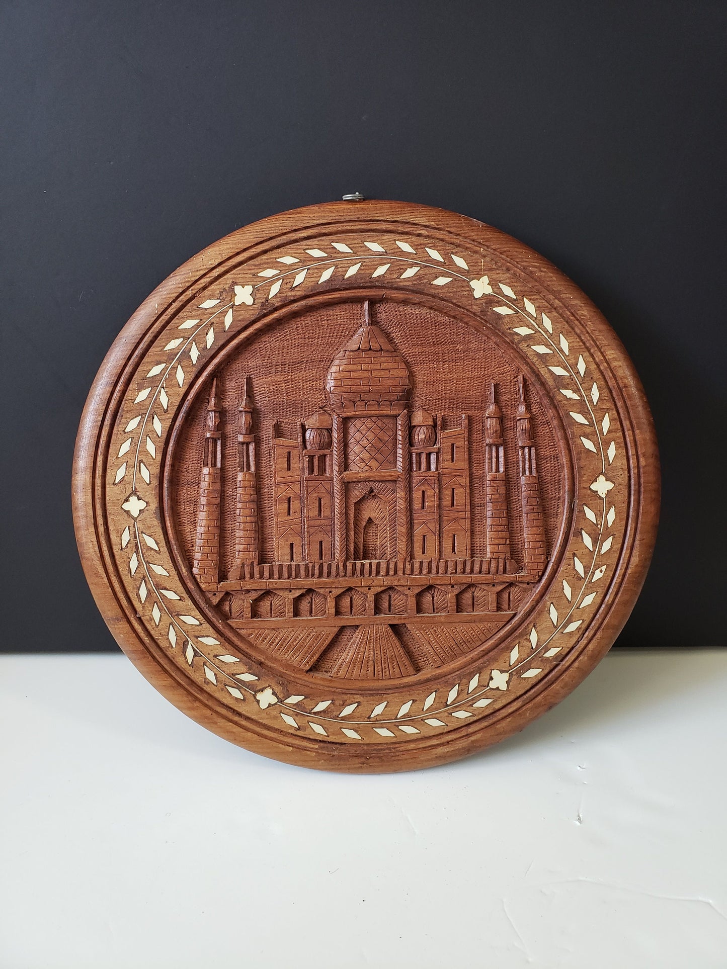 Indian Hand Carved Wood Taj Mahal Plaque with Bone Inset