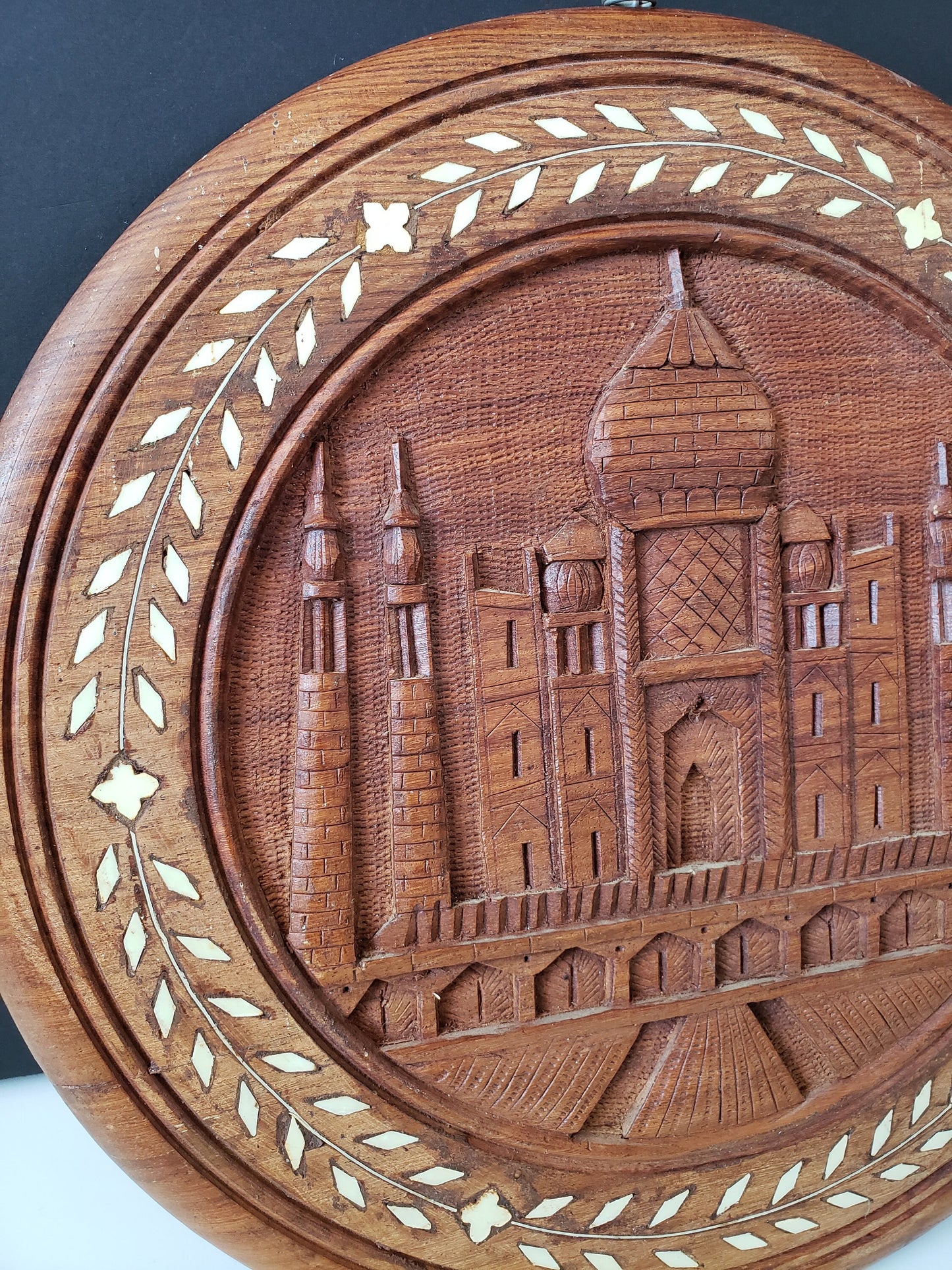 Indian Hand Carved Wood Taj Mahal Plaque with Bone Inset