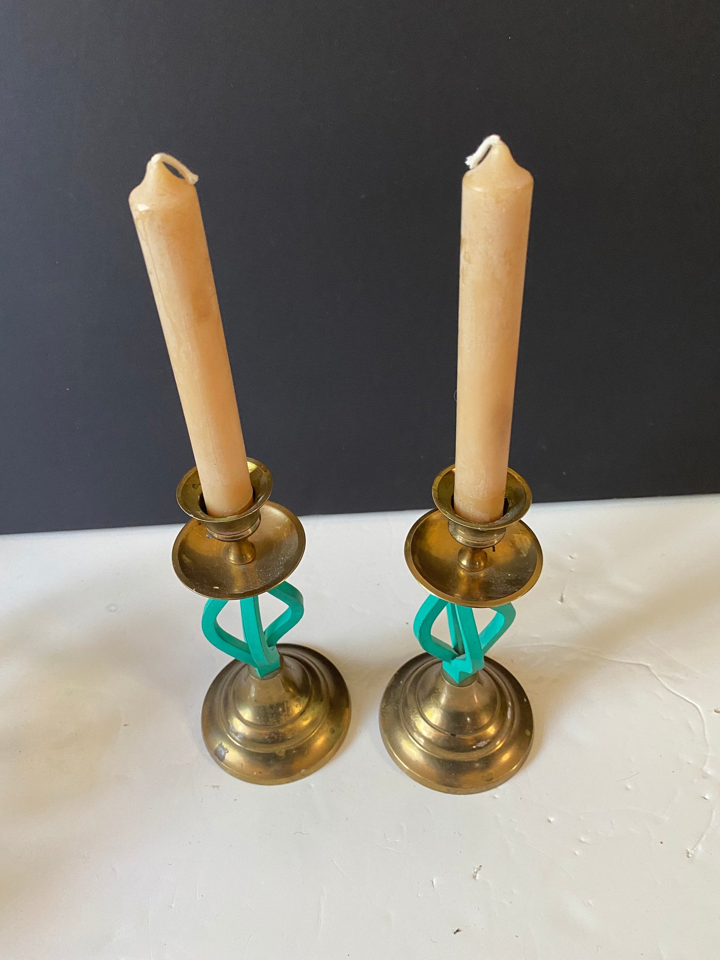 8 inch brass and teal wooden candlesticks