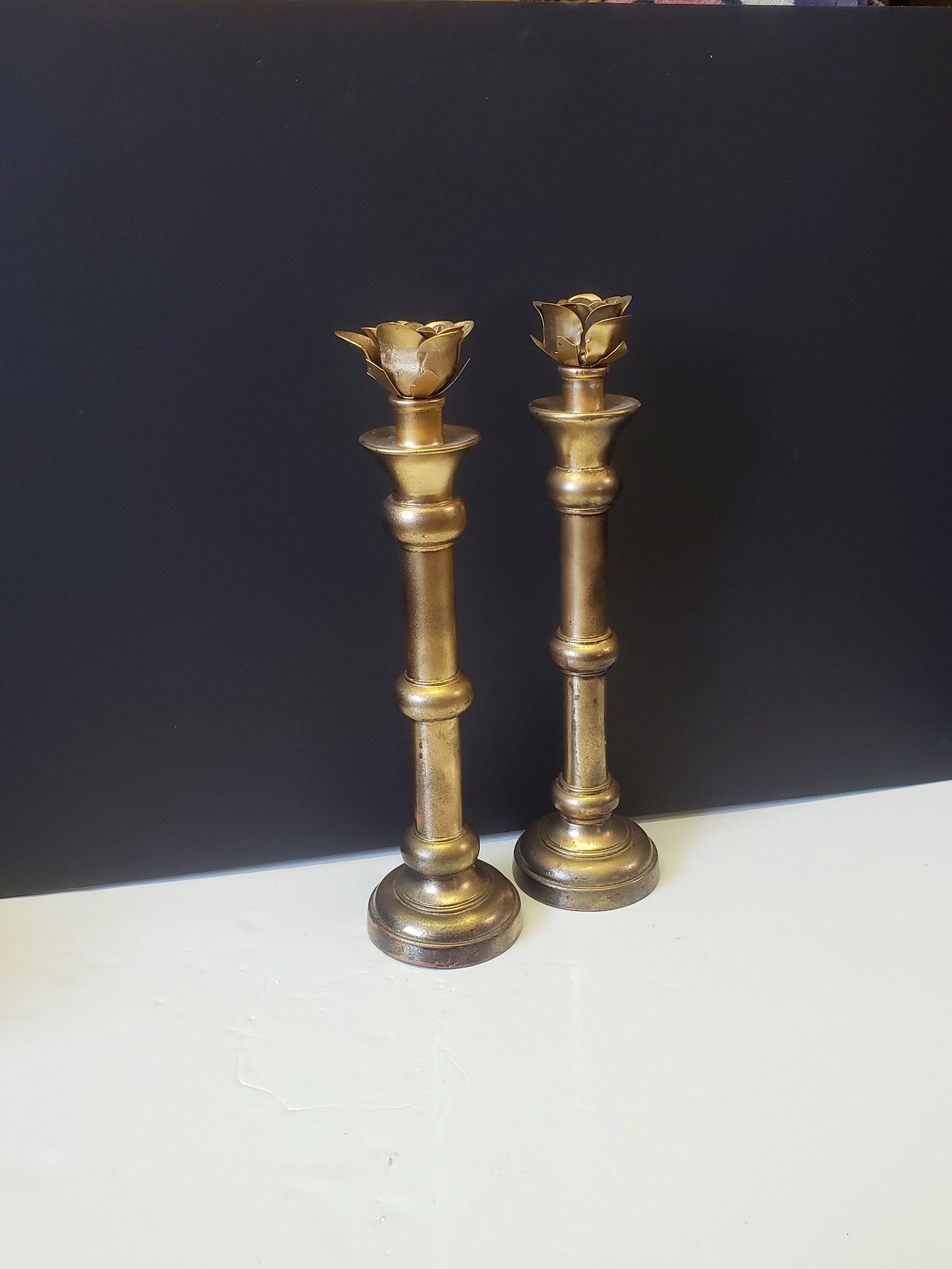 Pair of Gold Paper Mache Rose Candlesticks