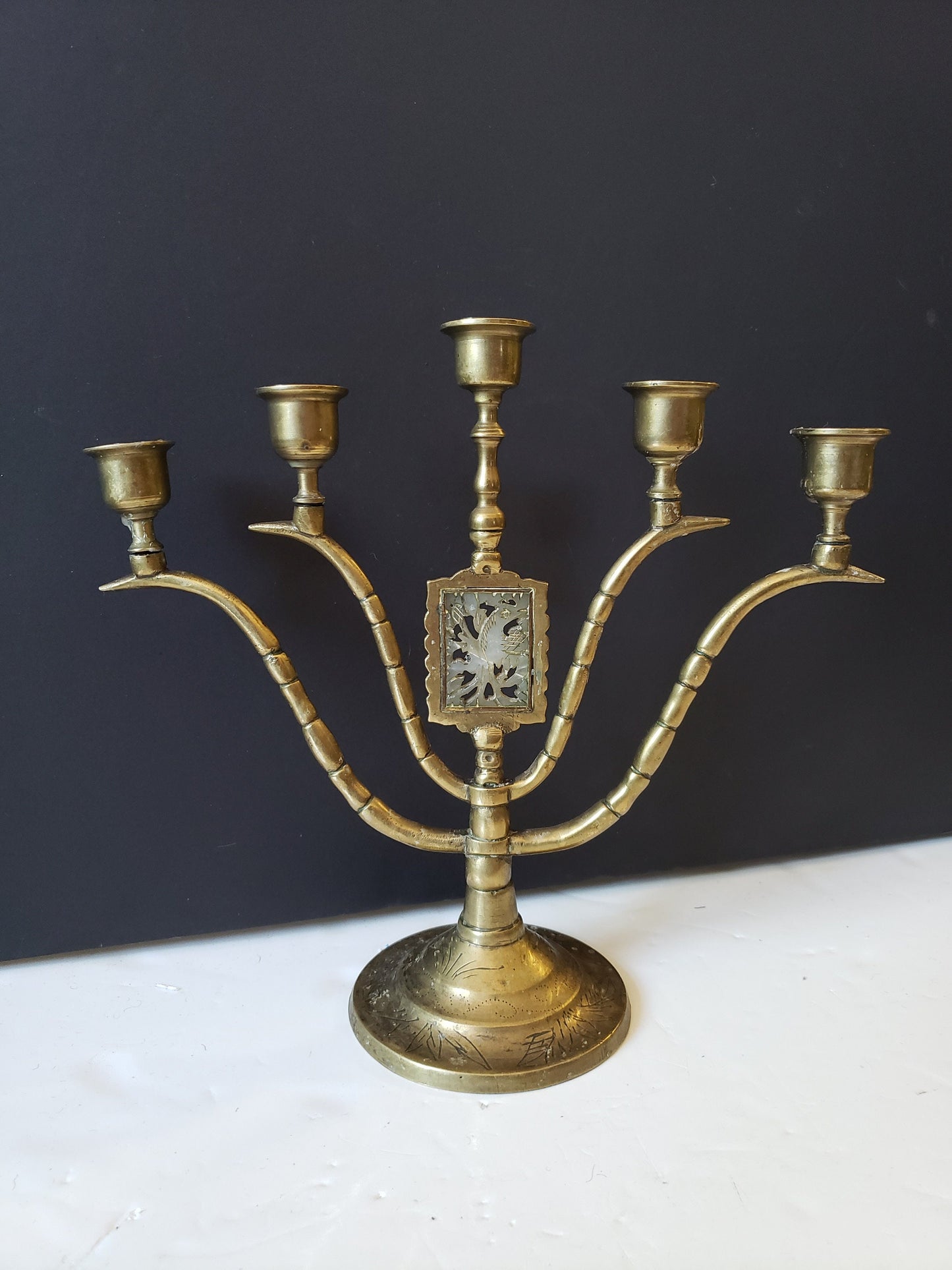 Chinese Brass Candelabra with Jade Plaque