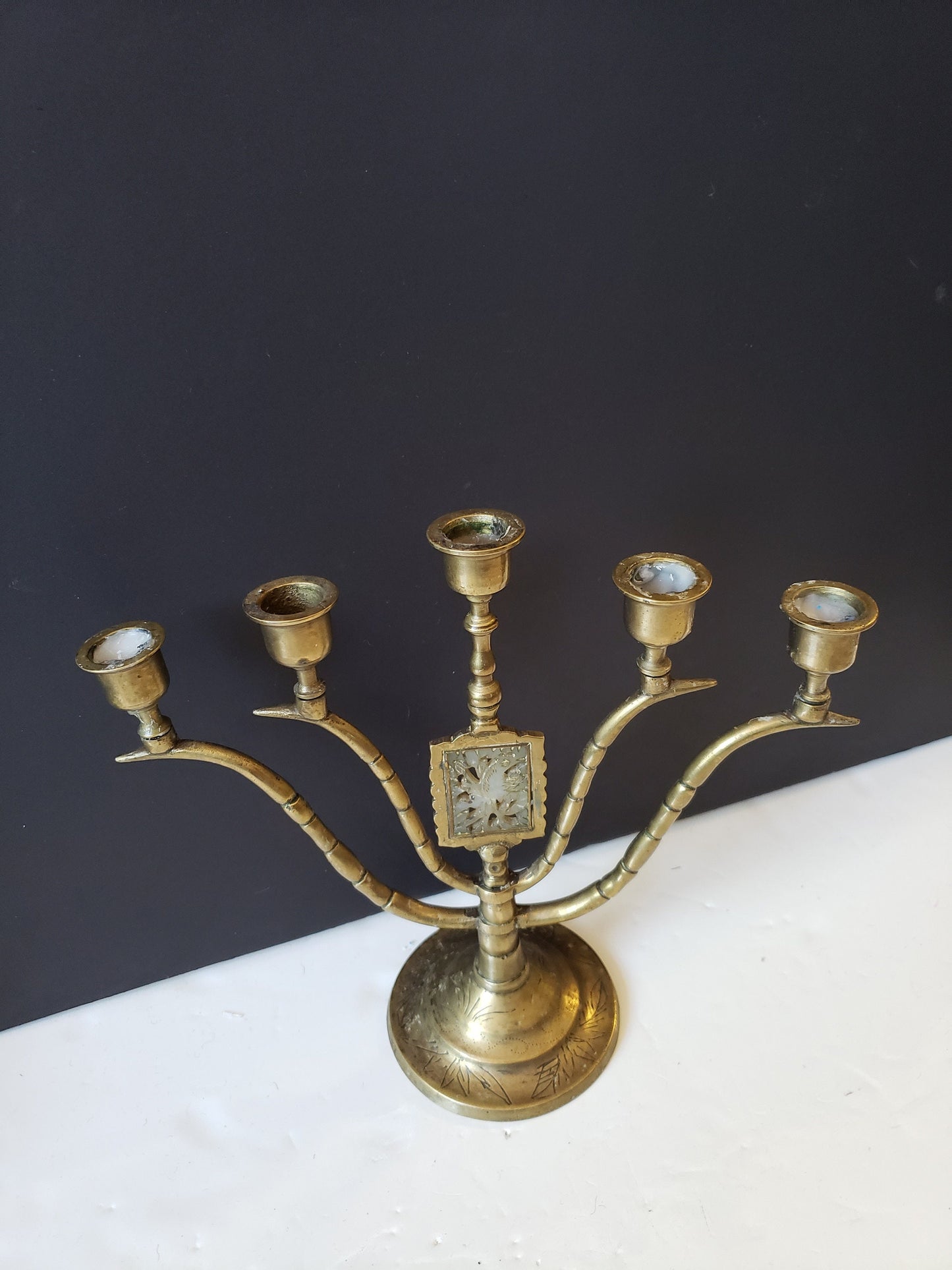 Chinese Brass Candelabra with Jade Plaque