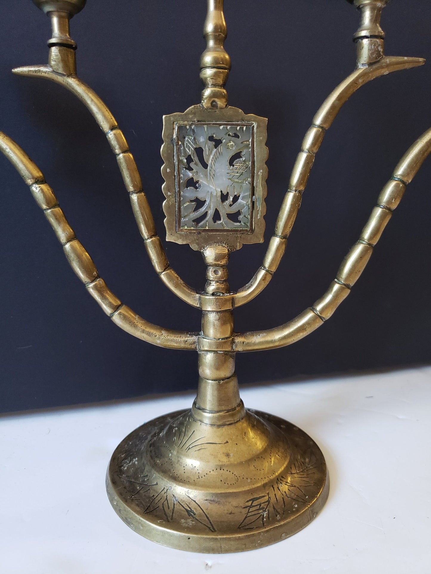 Chinese Brass Candelabra with Jade Plaque