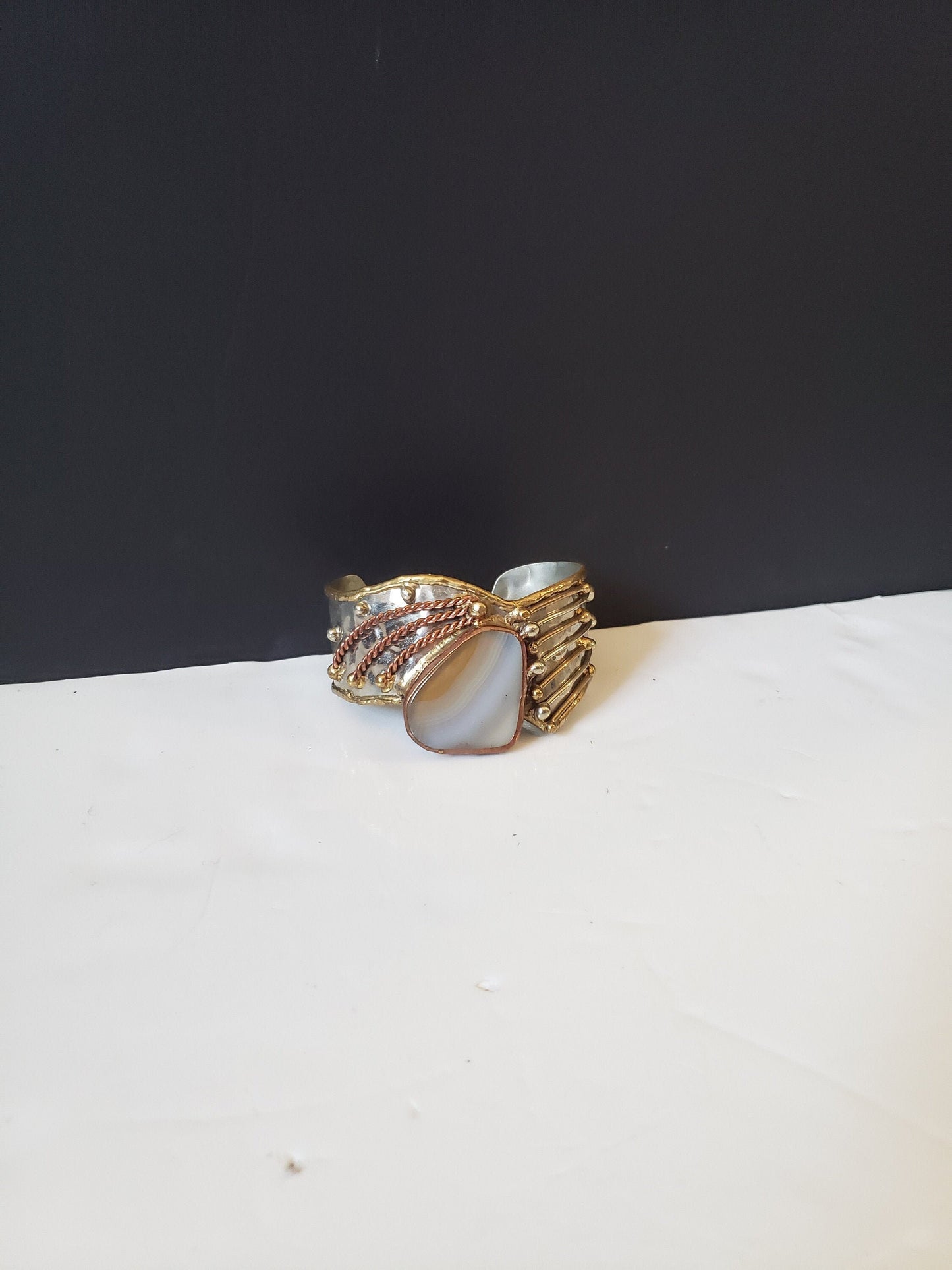 Silver-plated, Copper, and Brass Bracelet with Agate Centerpiece