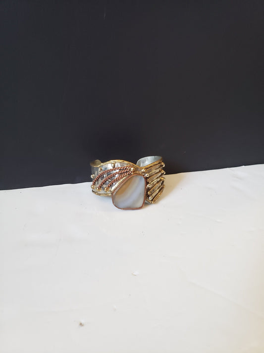 Silver-plated, Copper, and Brass Bracelet with Agate Centerpiece