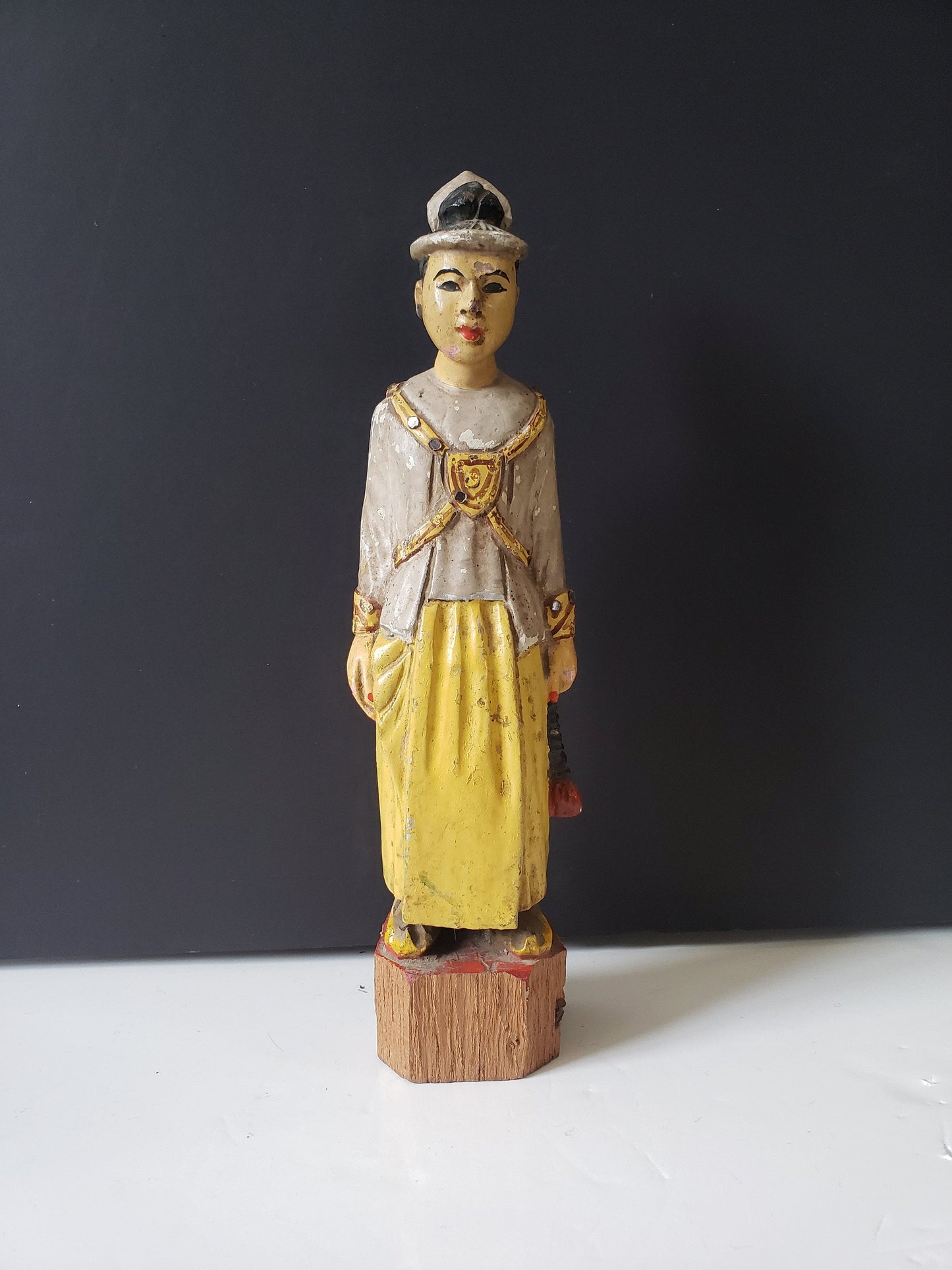 Antique Chinese Polychrome Cared Wood Figure
