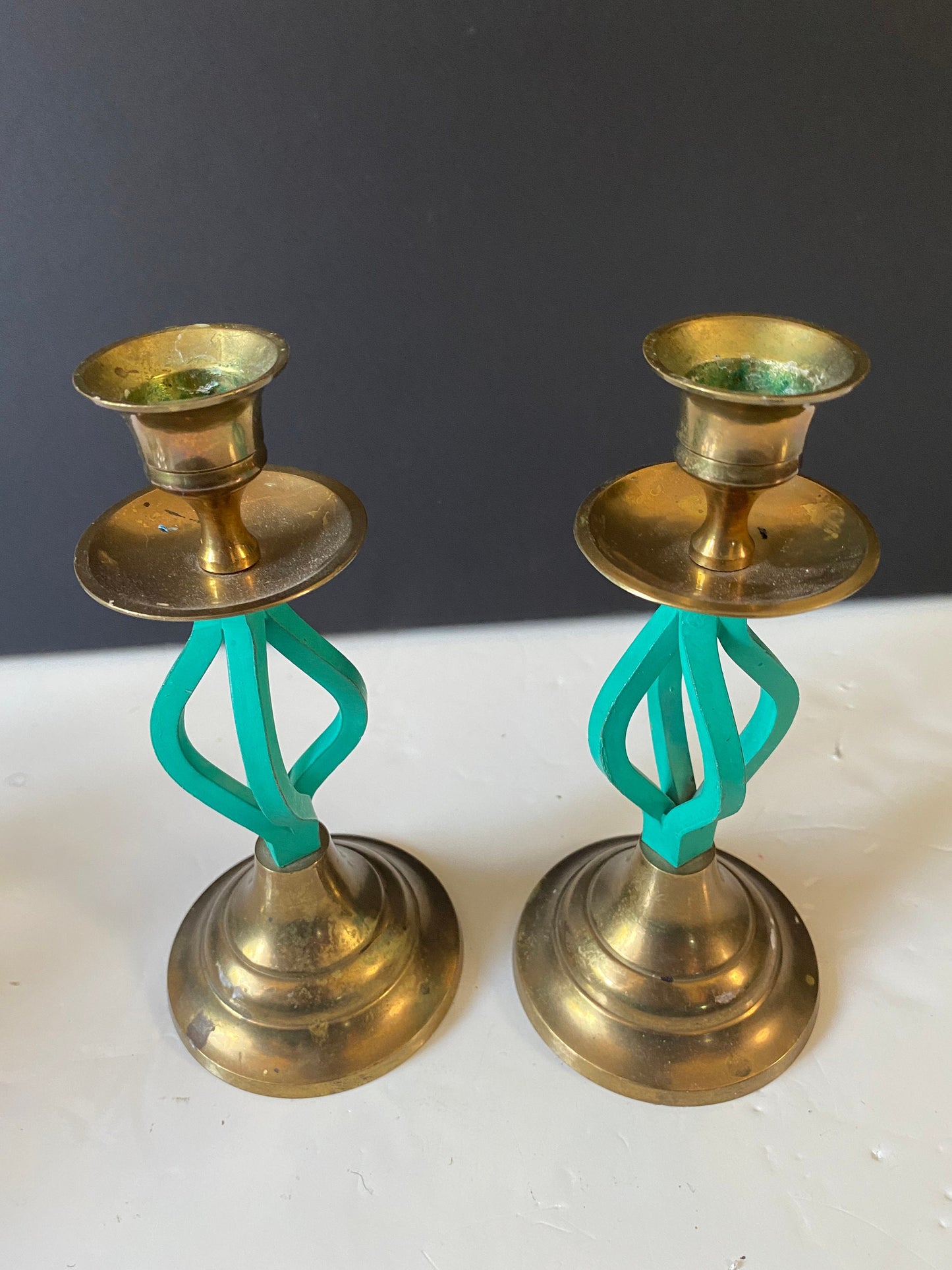 8 inch brass and teal wooden candlesticks