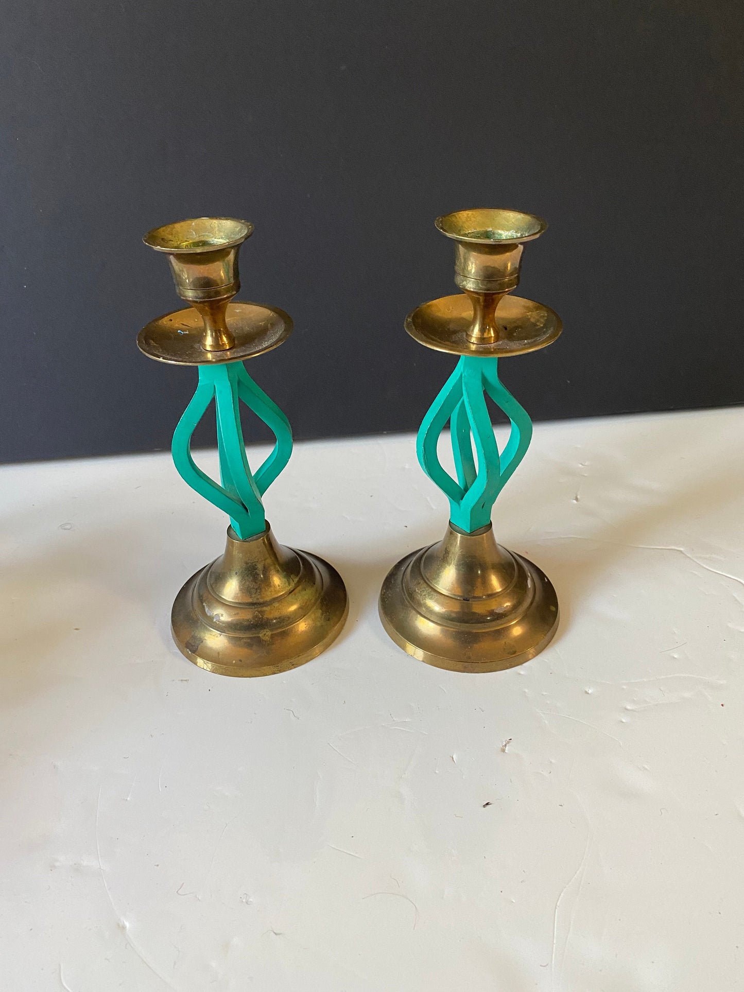 8 inch brass and teal wooden candlesticks