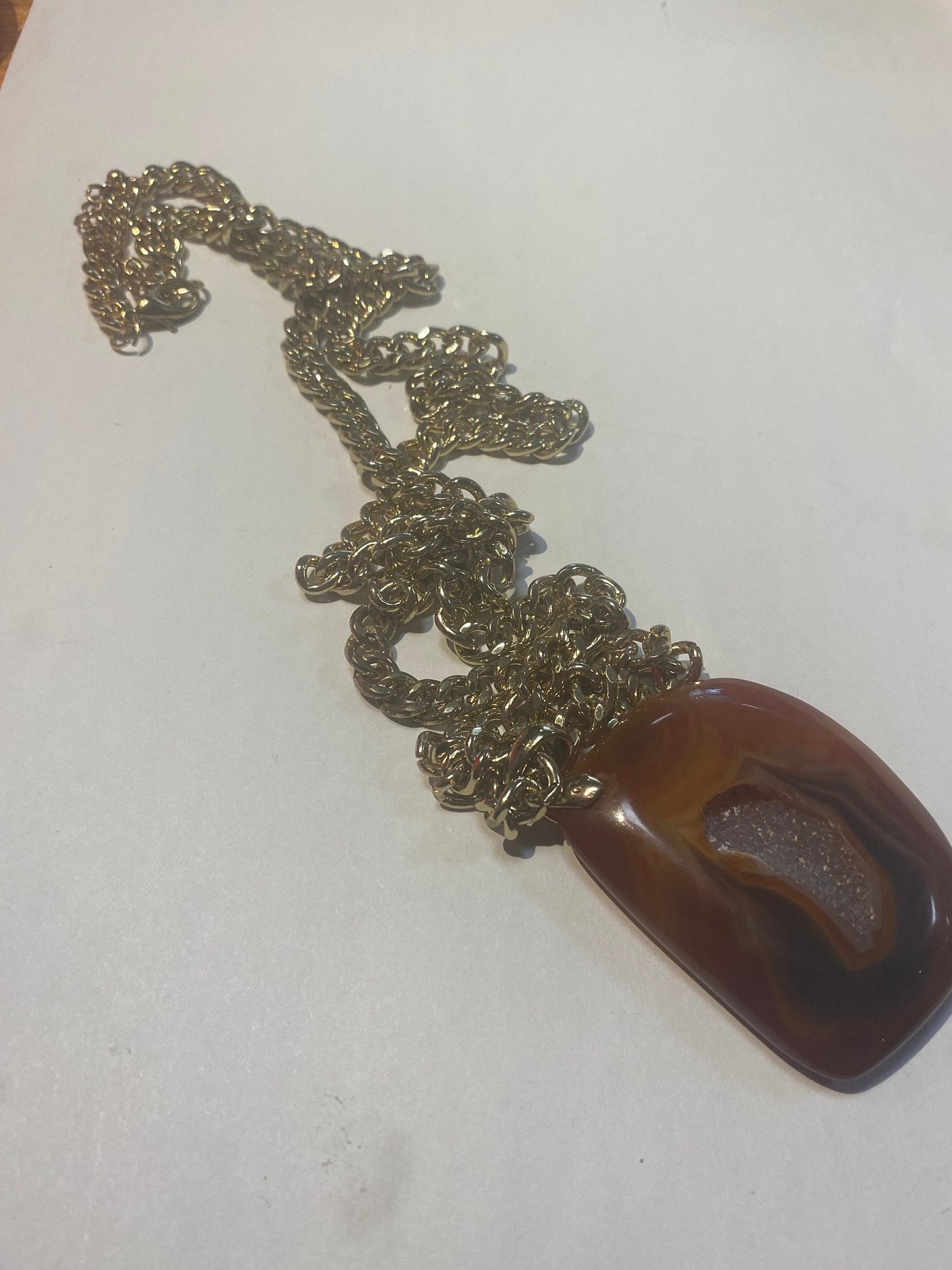 Unusual Agate geode pendant with gold necklace