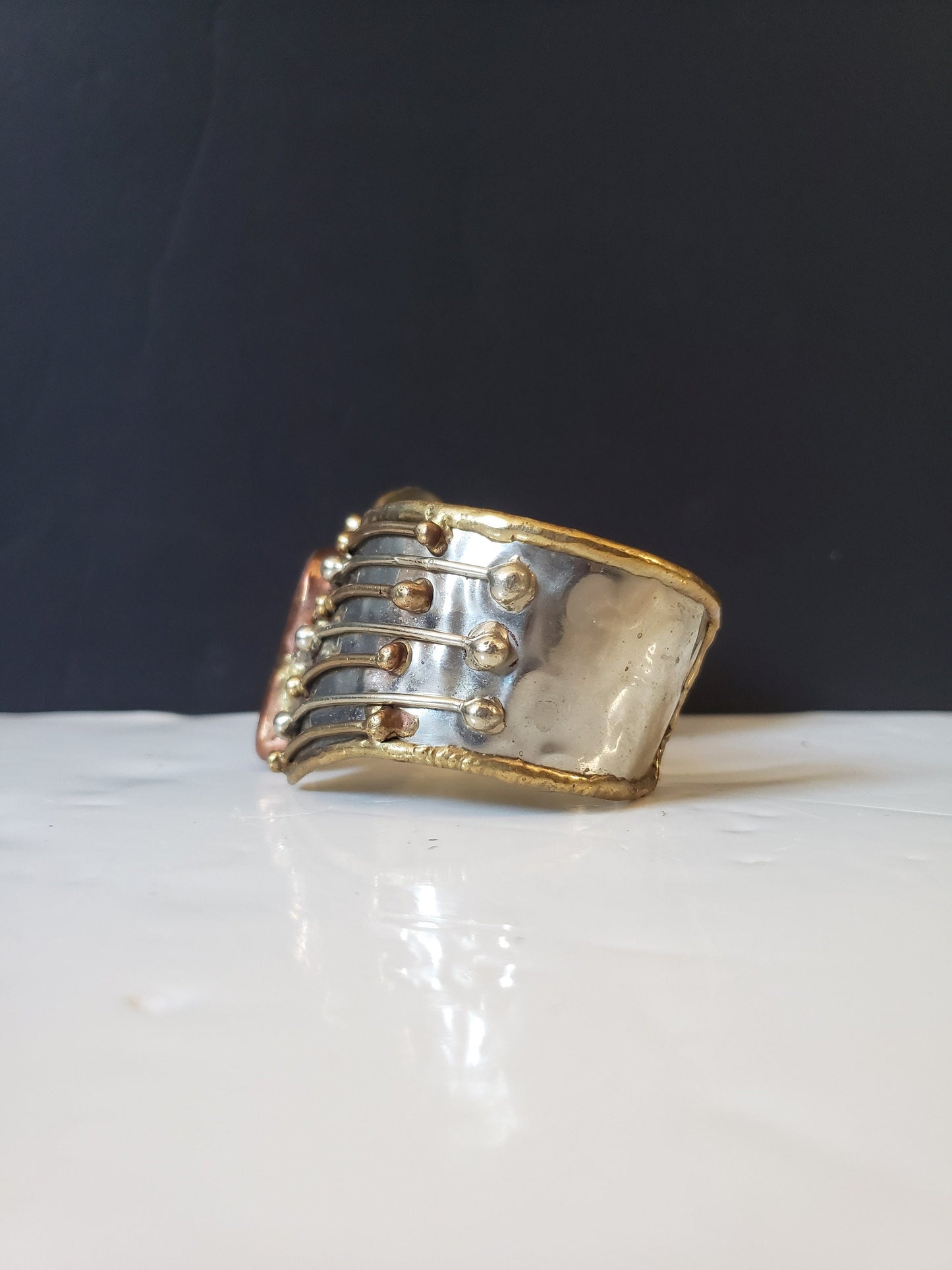 Silver-plated, Copper, and Brass Bracelet with Agate Centerpiece