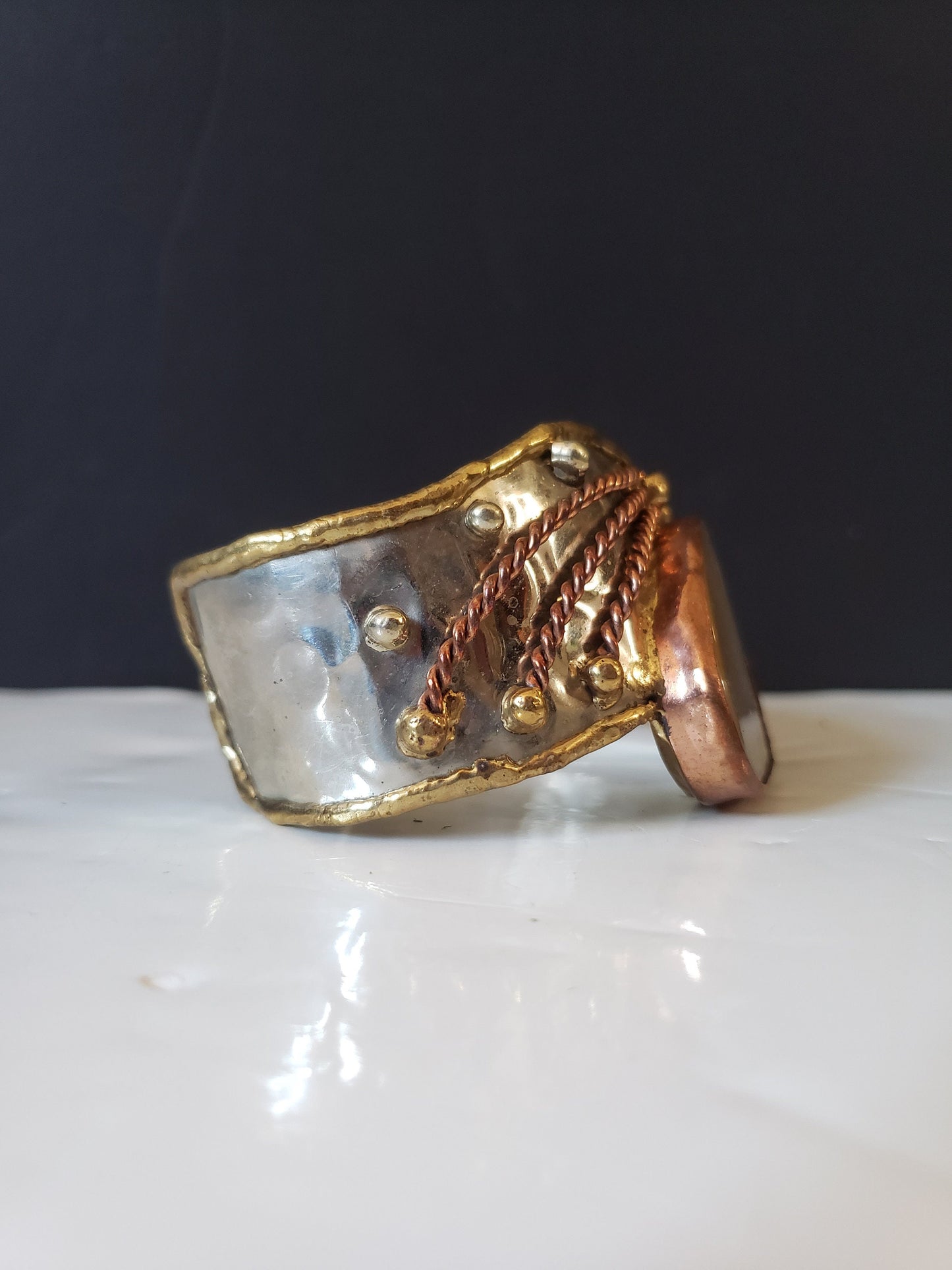 Silver-plated, Copper, and Brass Bracelet with Agate Centerpiece