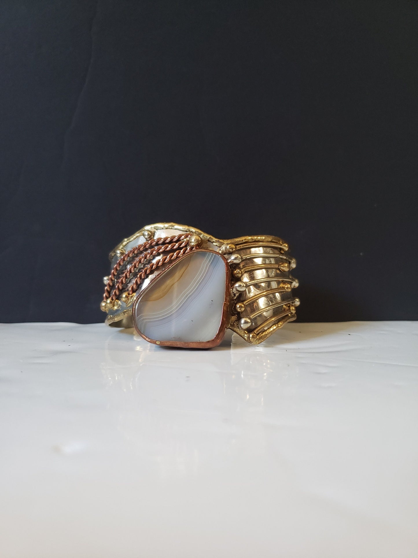 Silver-plated, Copper, and Brass Bracelet with Agate Centerpiece
