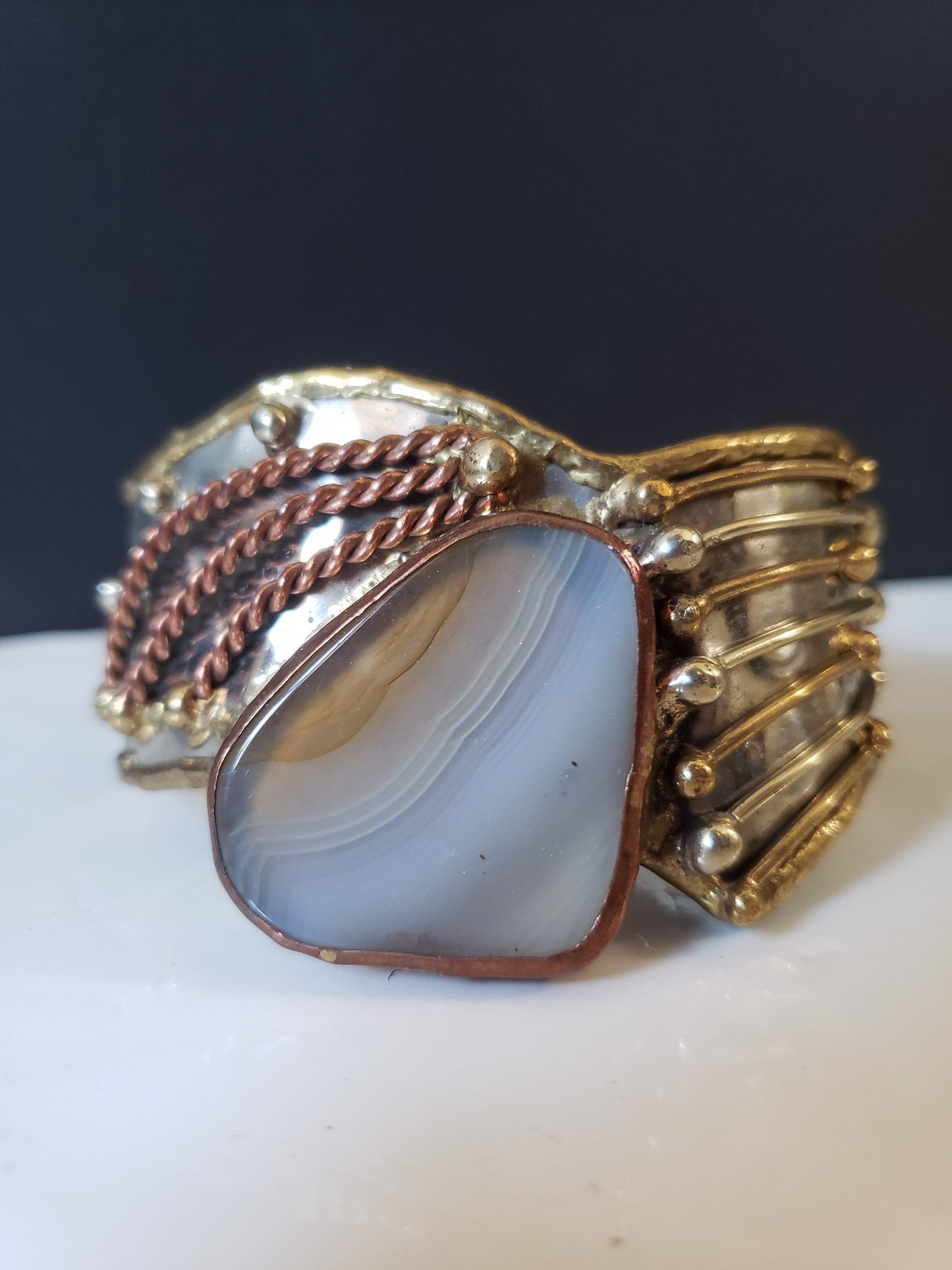 Silver-plated, Copper, and Brass Bracelet with Agate Centerpiece