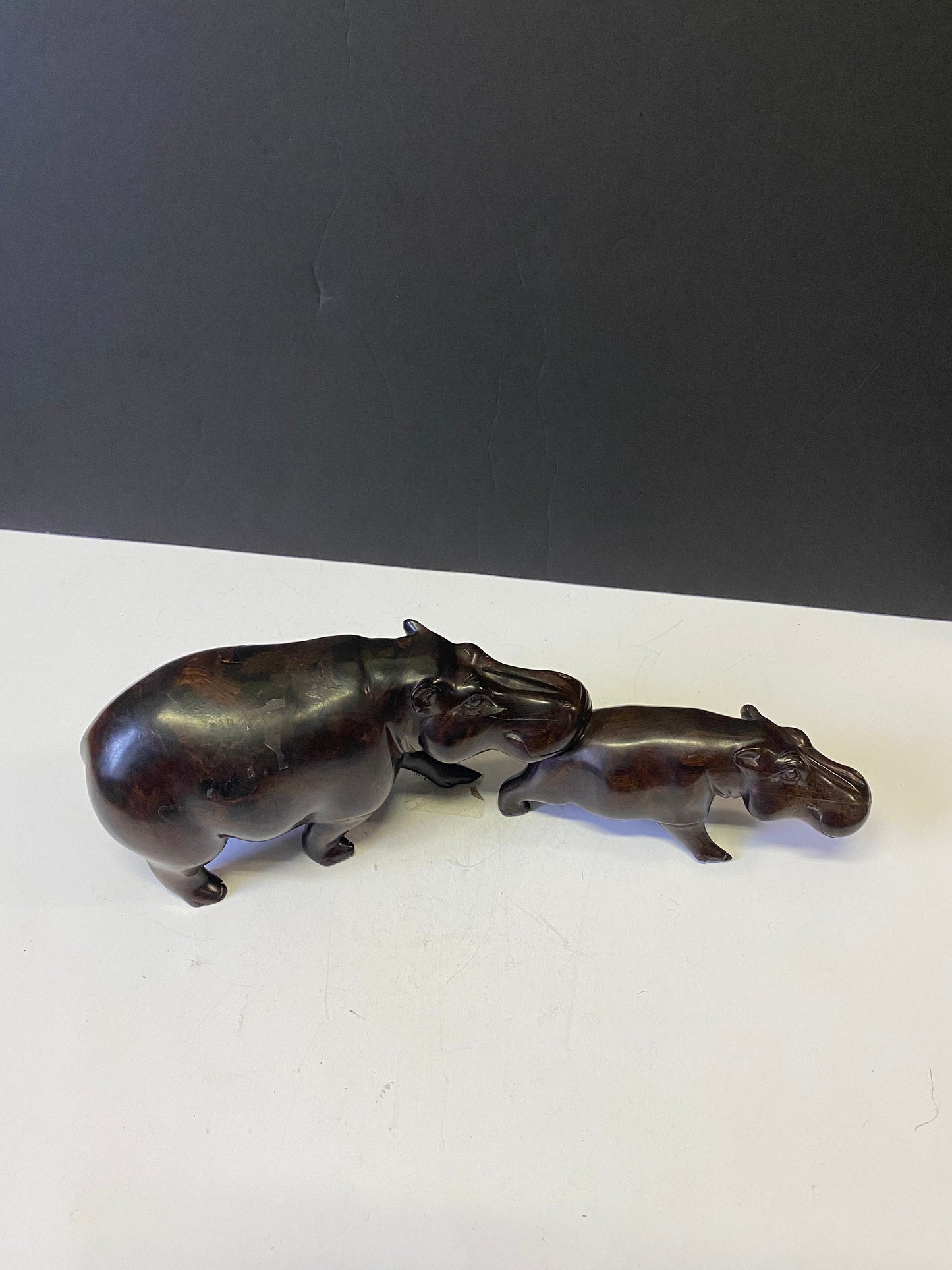 A  Spectacular 13 inch pipe African vintage Ebony wood hippos  mother and child hippopotamus   Has to be seen to be truly appreciated