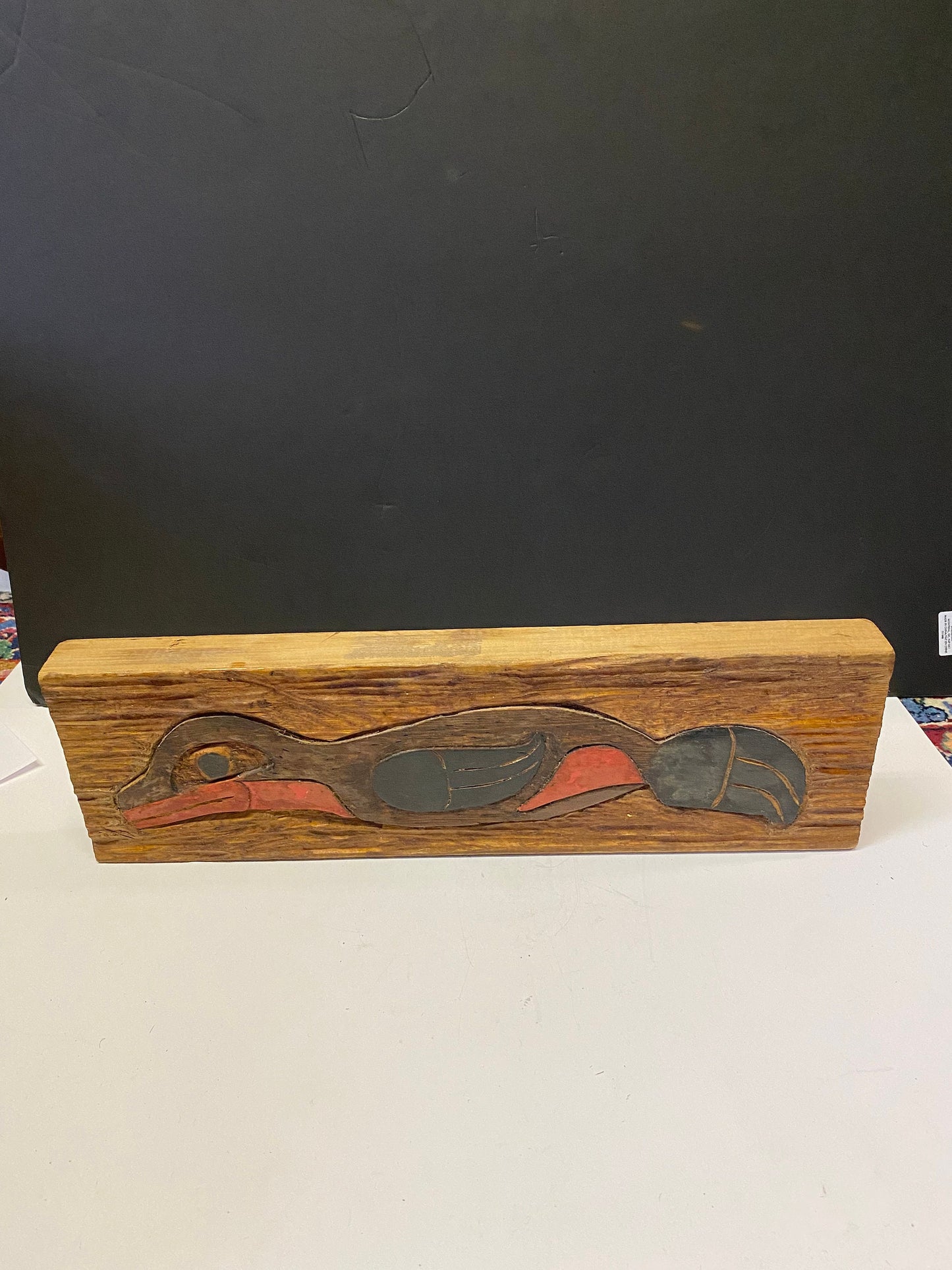 18 by 6 inches Indigenous First Nations carving of a bird signed and additional love on back - really unique folk art Canadian piece