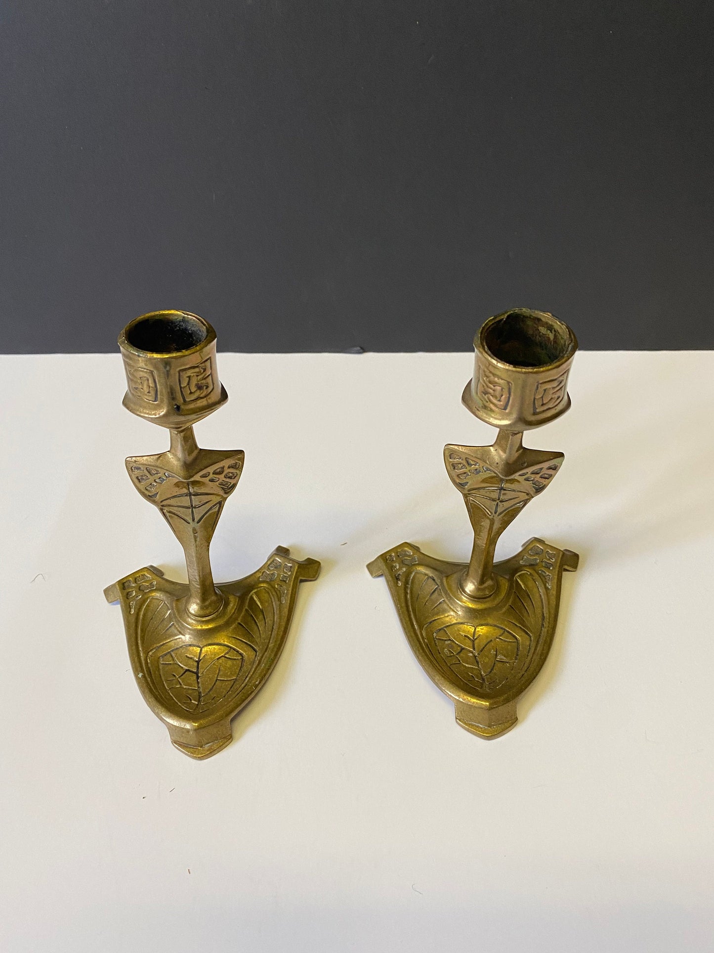 Pair Fantastic 8 inch Art nouveau brass vintage candlesticks