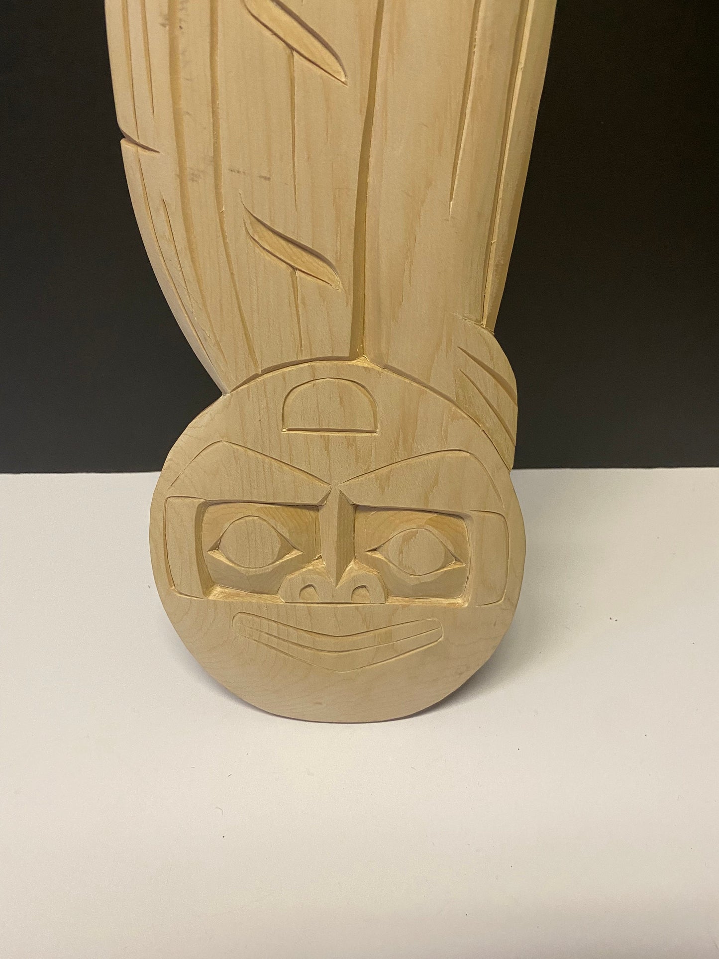 A  Fabulous Vancouver Island indigenous first nations Charlie George Cedar unpainted cedar wolf and moon plaque  wonderful  - 20 inches