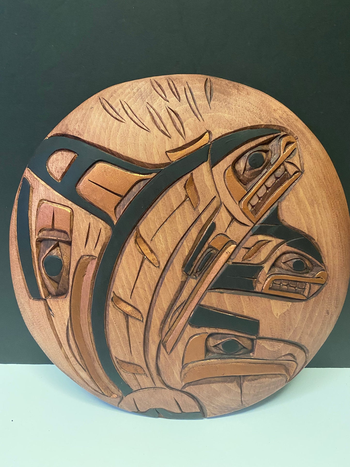 A  Fabulous Vancouver Island indigenous first nations Charlie George plaque of killer whale Raven and eagle 10 inches