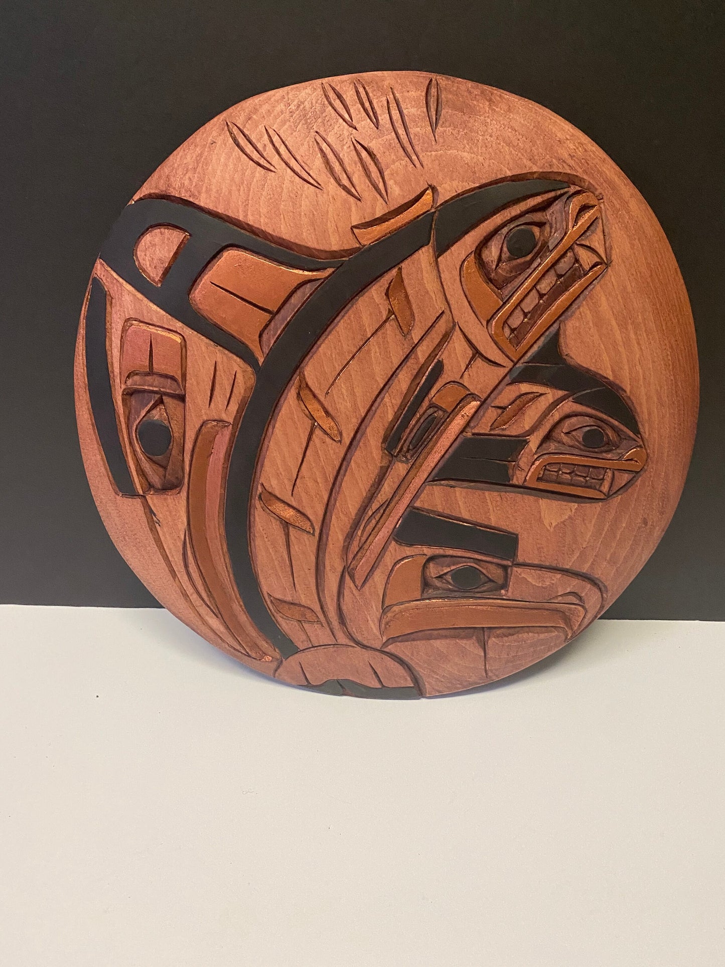 A  Fabulous Vancouver Island indigenous first nations Charlie George plaque of killer whale Raven and eagle 10 inches