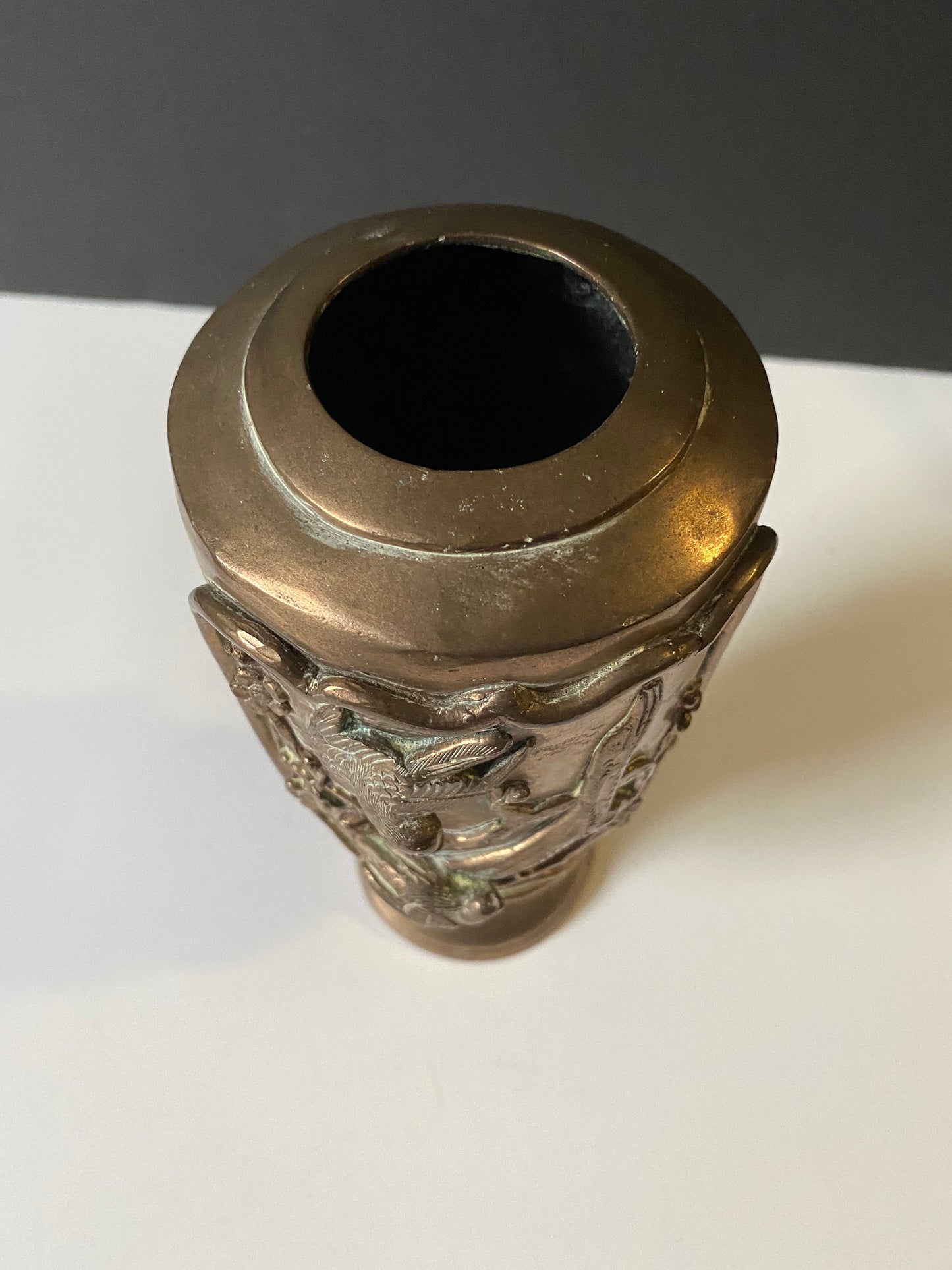 A  9 inch heavy bronze Chinese vase depicting birds on branches — Approximately 500 g — stunning patina