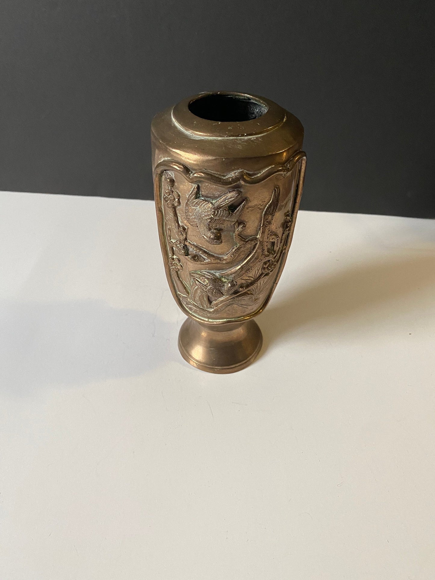 A  9 inch heavy bronze Chinese vase depicting birds on branches — Approximately 500 g — stunning patina