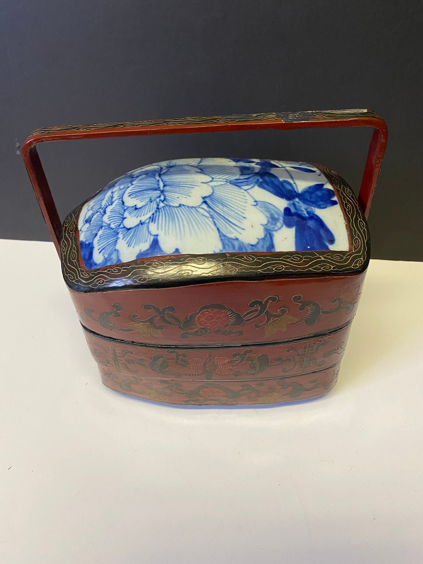 Foot high by 10 inches wide antique Chinese lacquer and porcelain lunchbox  Fabulous condition