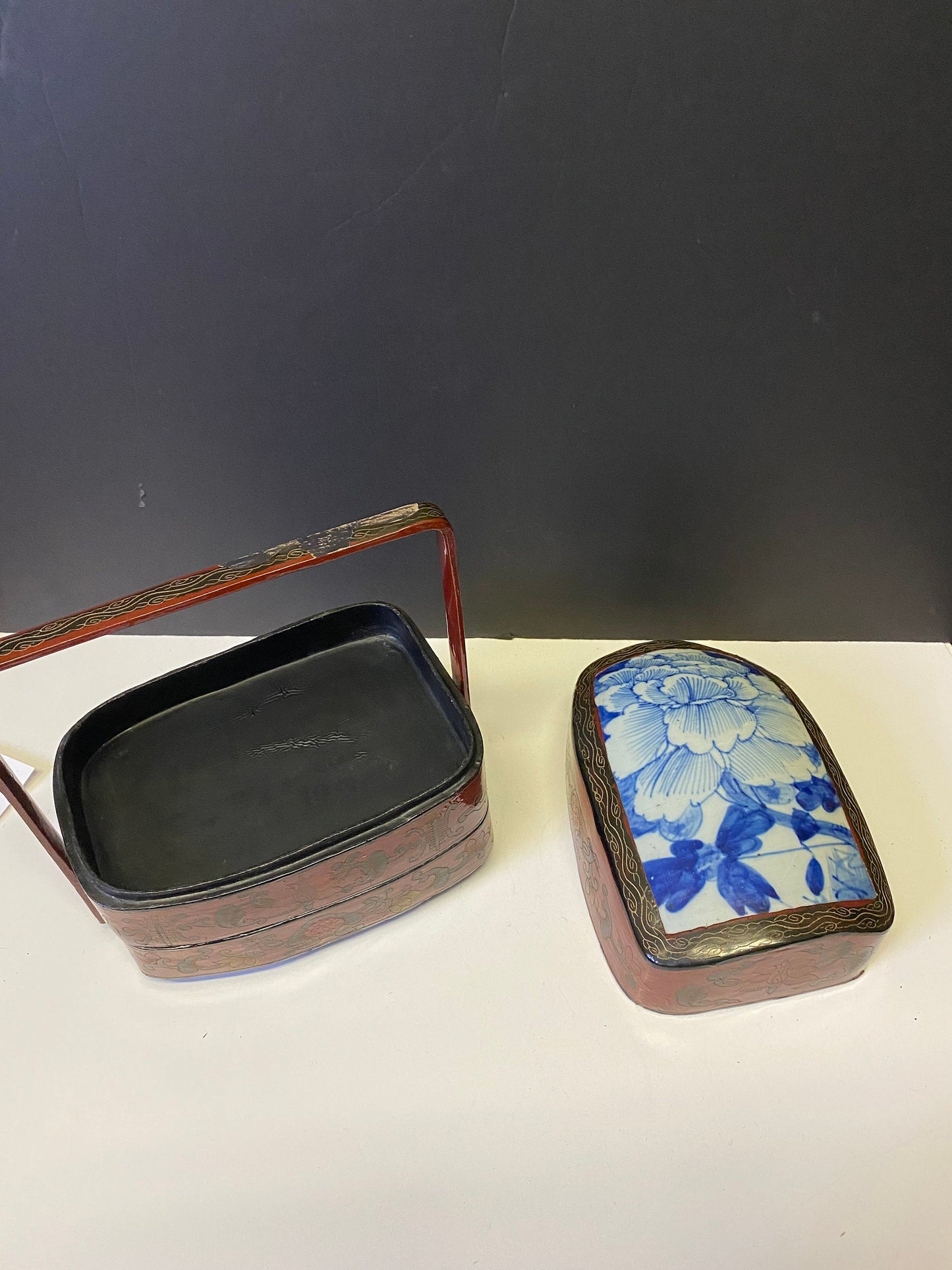 Foot high by 10 inches wide antique Chinese lacquer and porcelain lunchbox  Fabulous condition